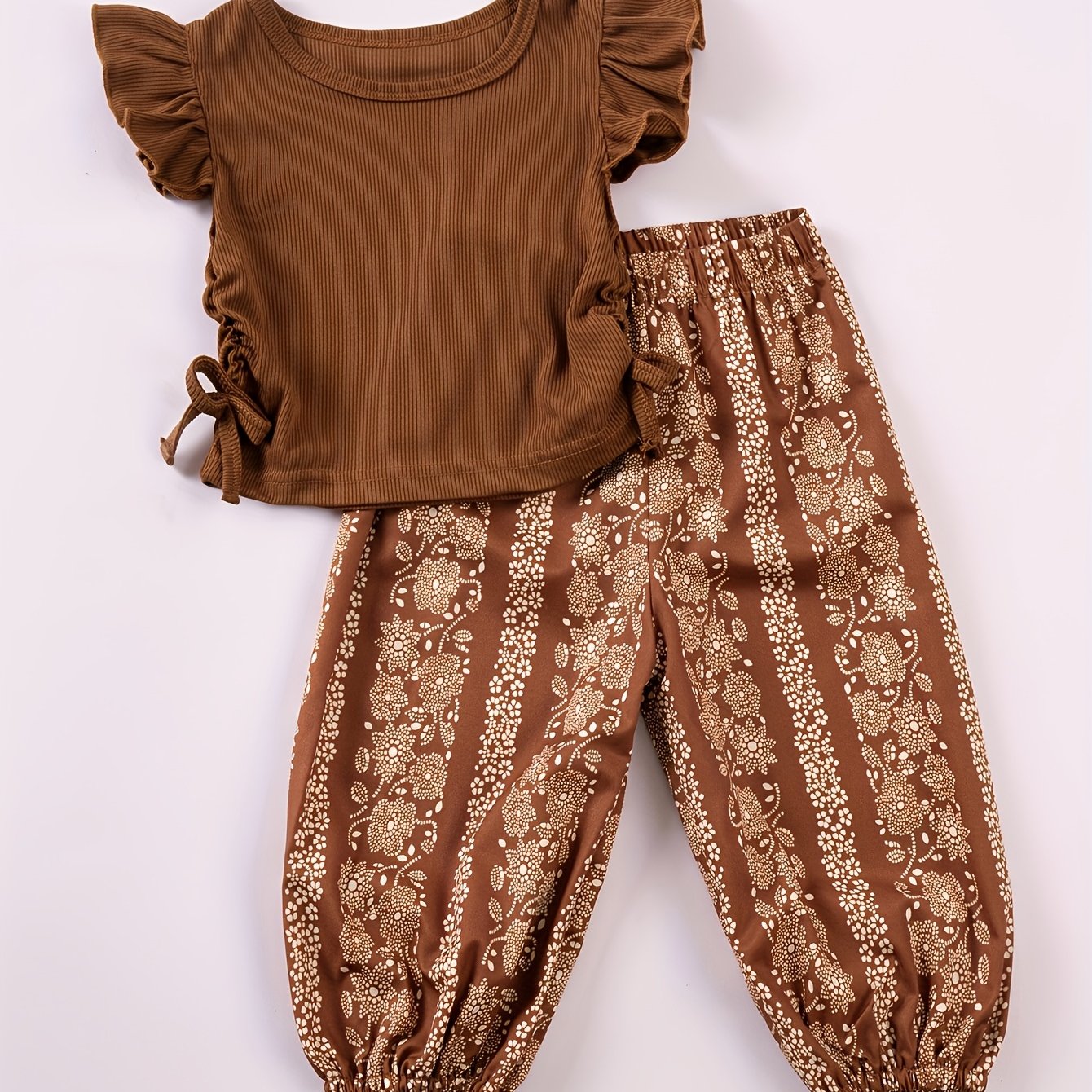 Image of Girls' Summer Fashion Long Pants Set Solid Color Flutter Sleeve Short T-shirt Casual Print Versatile Loose Lantern Pants Comfortable Elegant T5ss021, For Outdoor