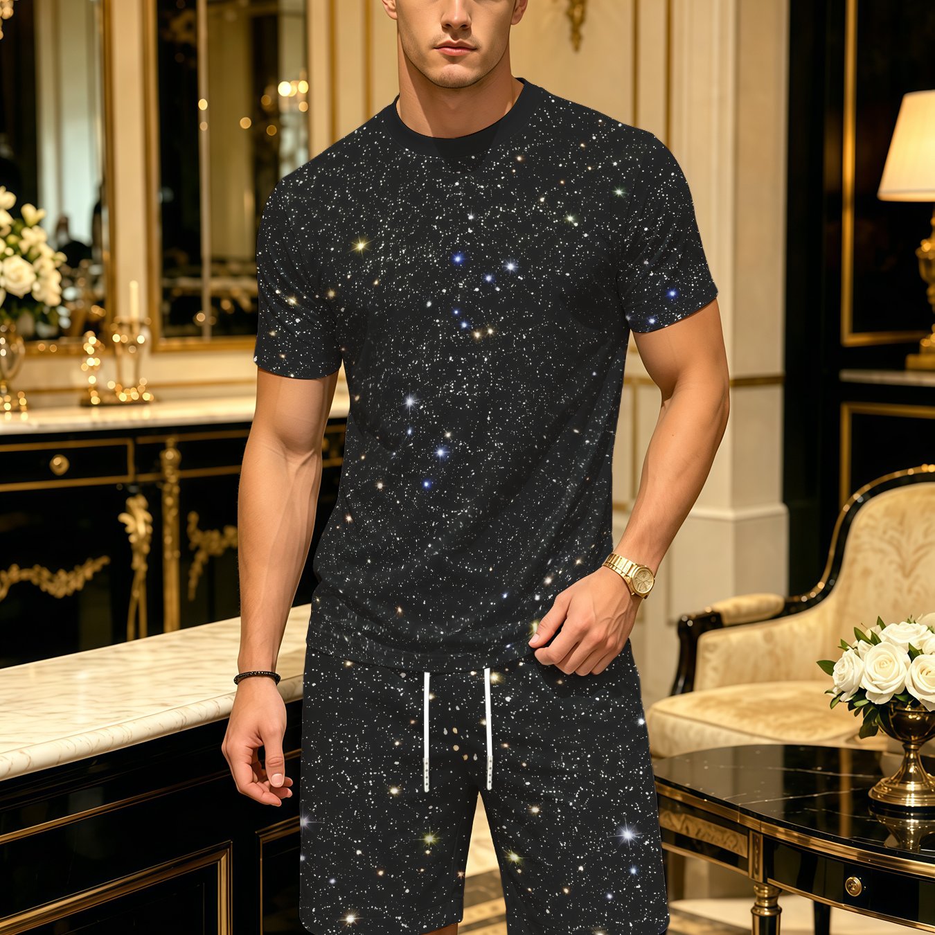 TEMU Stylish Men's 3d Starry Night Print Short Sleeve And Shorts Set - Round Neck Casual Summer Outfit, Breathable Design For Outdoor Activities,