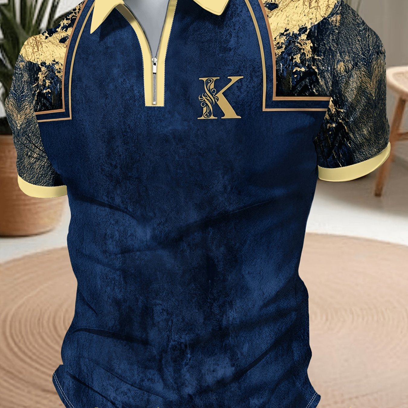TEMU Men's Fashion Zip Shirt Short Sleeve Trendy Print Design Casual Business Top Summer Breathable Collar T-shirt