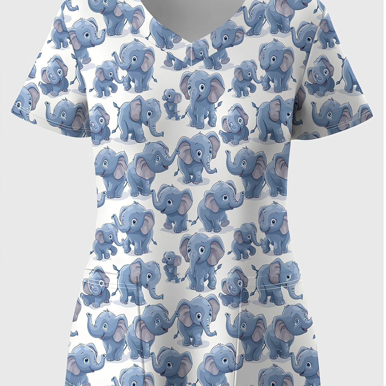 TEMU Plus Size, Women's Plus Size Cartoon Elephant Print V-neck Short Sleeve Top - Soft Matte Summer Shirt With Pockets, H- With Random Elephant