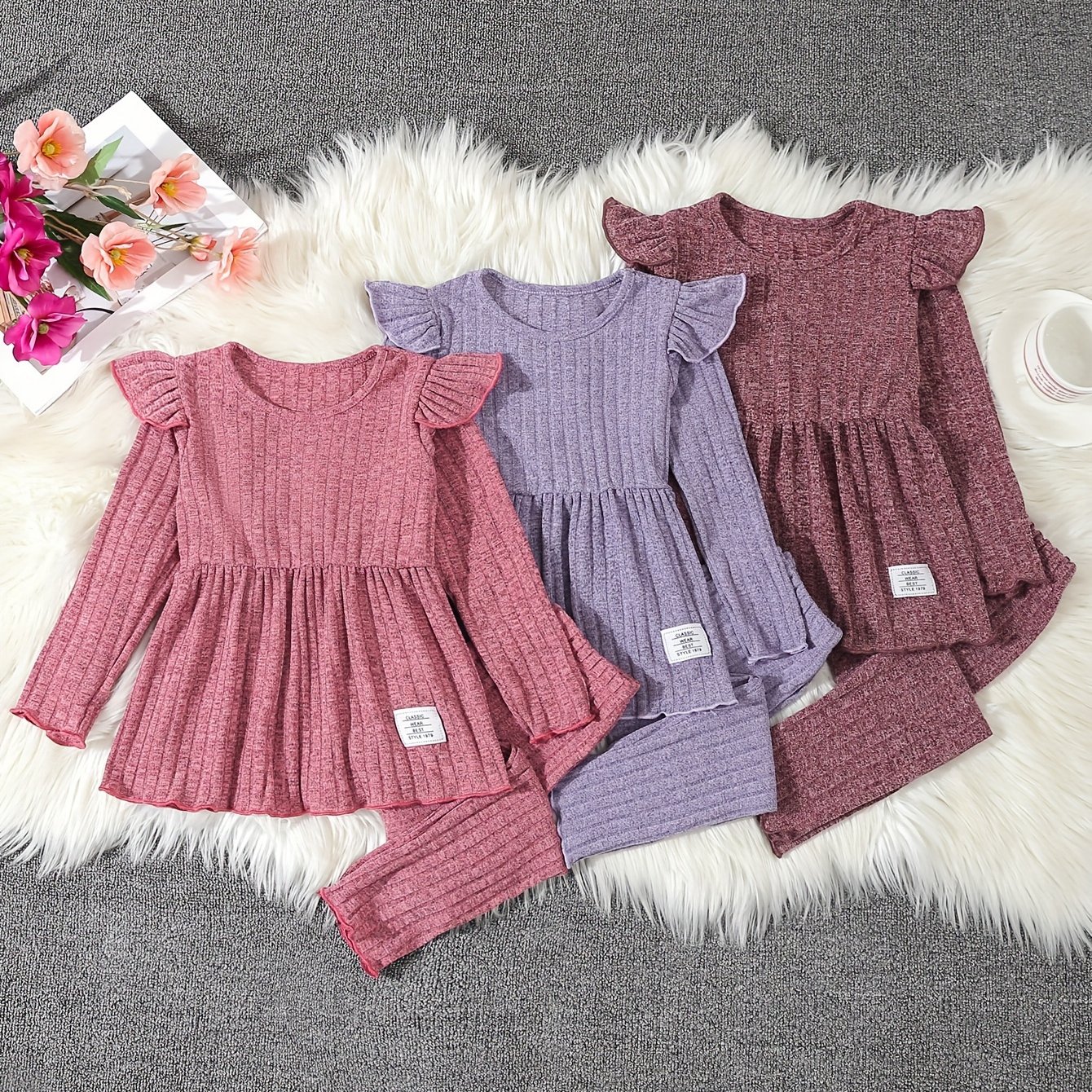 Image of 3pcs Girls' Outfit Featuring Soft, Stretchy Ribbed Knit With A Round-neck Flutter Sleeve Top And Fitted Pants With Edges, For Outdoor