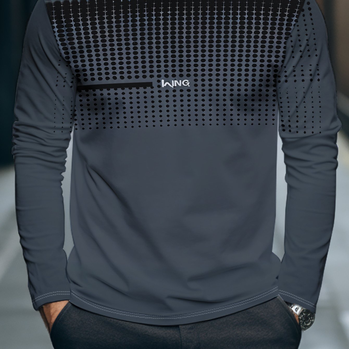 TEMU Dark Gray Long-sleeve Top With Gradient Polka Dot And "ing" Print, Plus Size