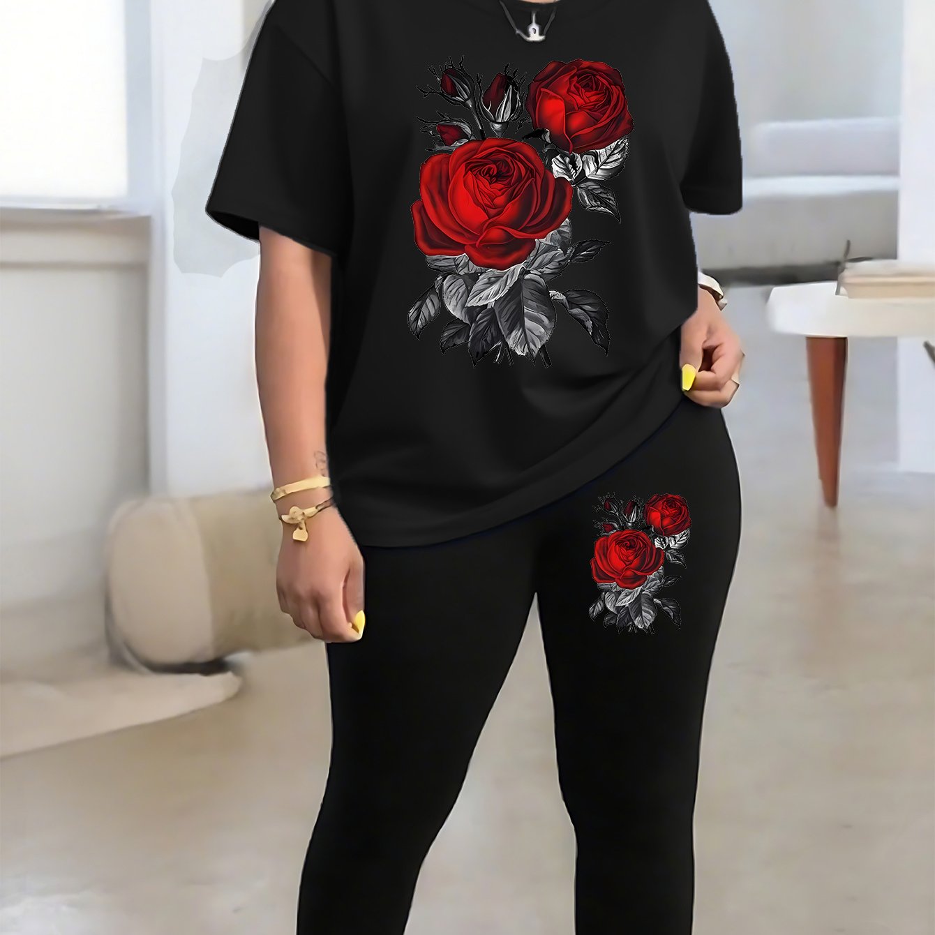 TEMU Spring, Summer, Autumn And Winter Period Fashion Women's Cartoon Bright Rose Printing Short Sleeves Pants Suit