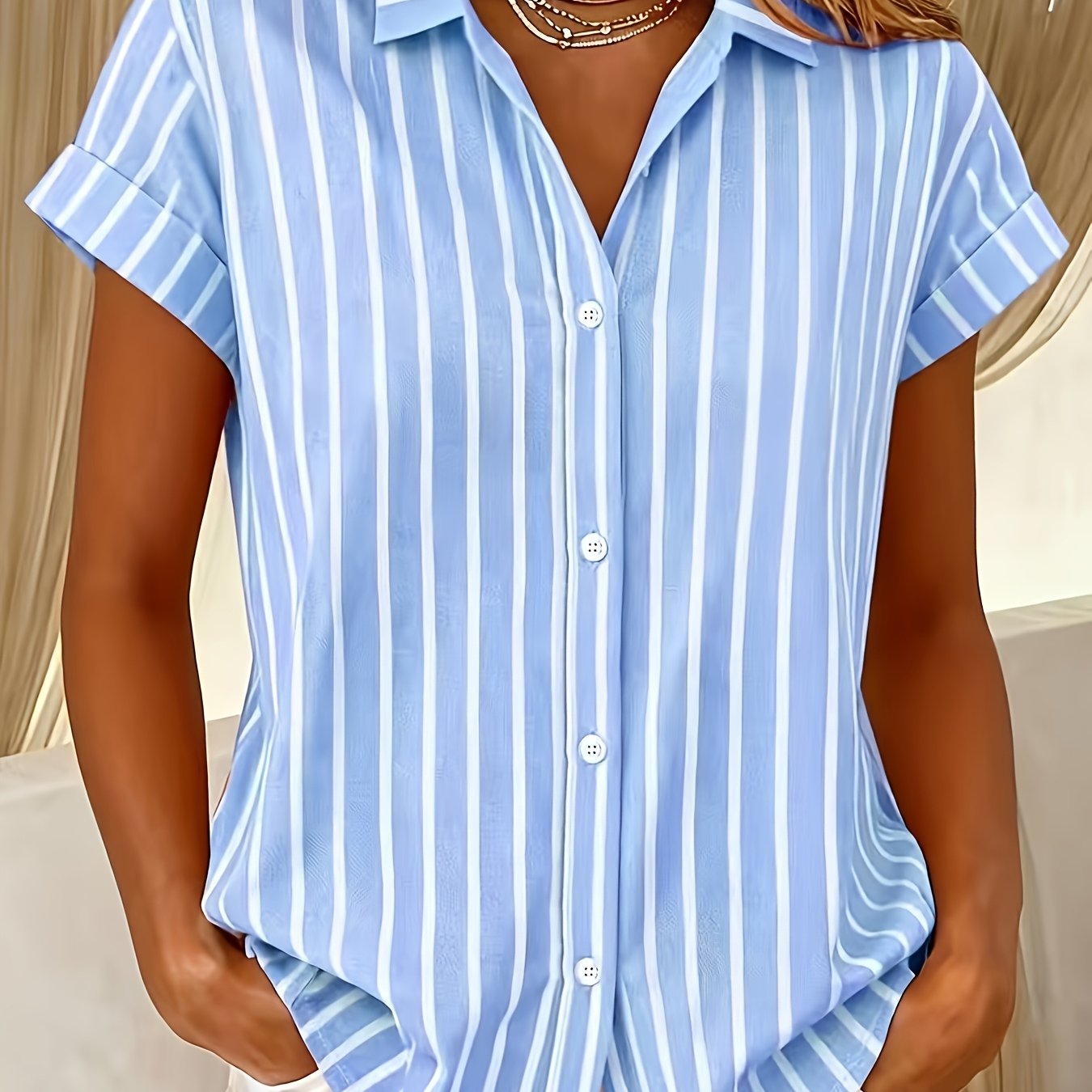 TEMU Women's Summer Fashion Striped Print Short Sleeve Lapel Single-breasted Button-front Shirt, Casual Simple Top