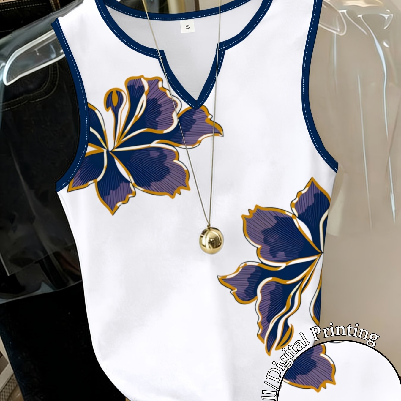 TEMU Haut d'été manches pour femmes, imprimé tendance, nouveau col en V, , motif floral, débardeur polyvalent, décontracté, respirant, confortable, à