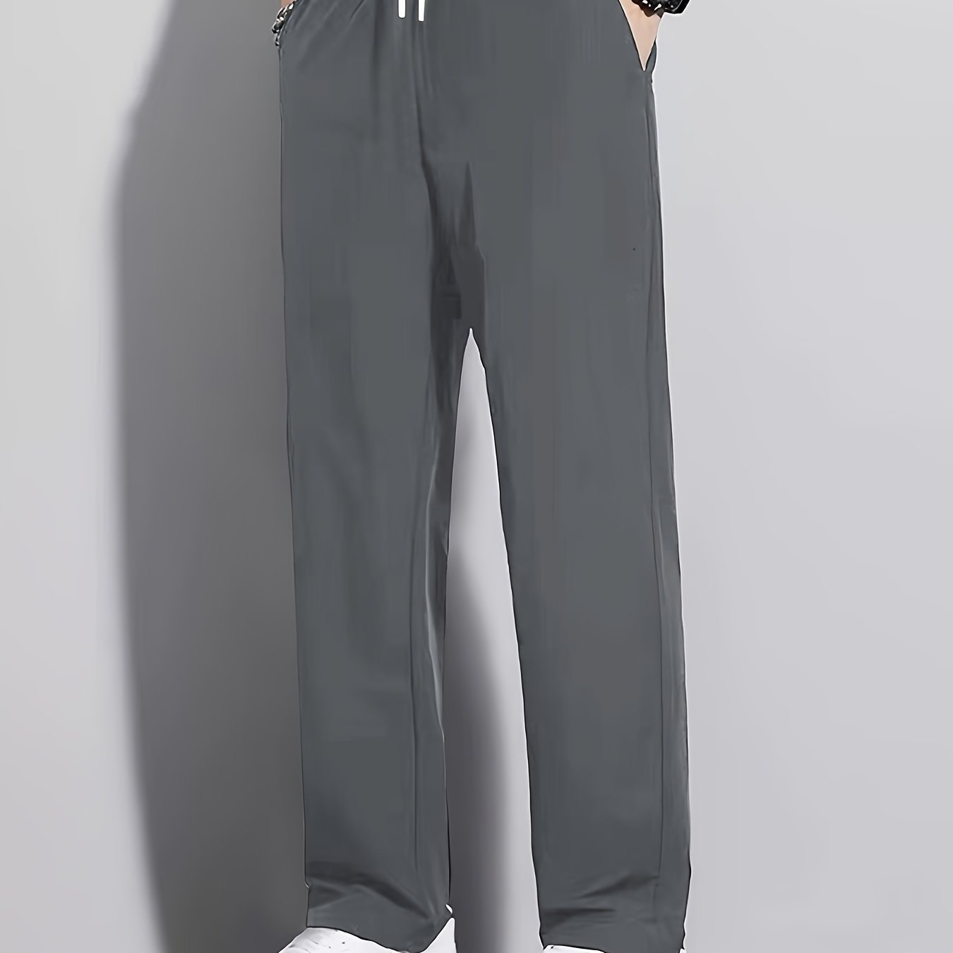 TEMU Pantalon d'été uni en fibre de glace, tissu à séchage rapide, décontracté, athlétique, d'extérieur, droit et long, taille élastique avec cordon