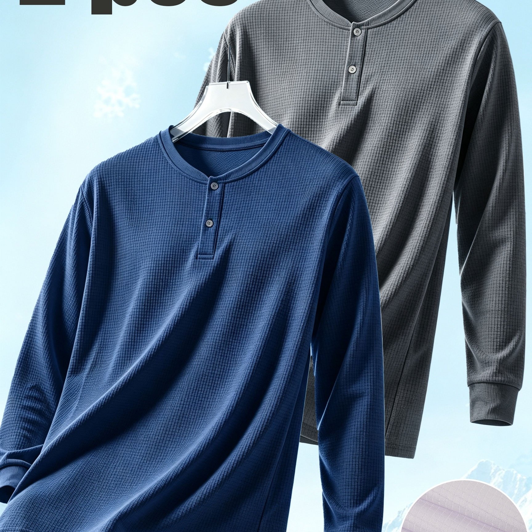 TEMU 2pcs Men's Waffle Knit Henley Long Sleeve Shirts, Breathable Grid Half Button Crew Neck Basic Tees, Anti-wrinkle Casual Tops, Black White Loose