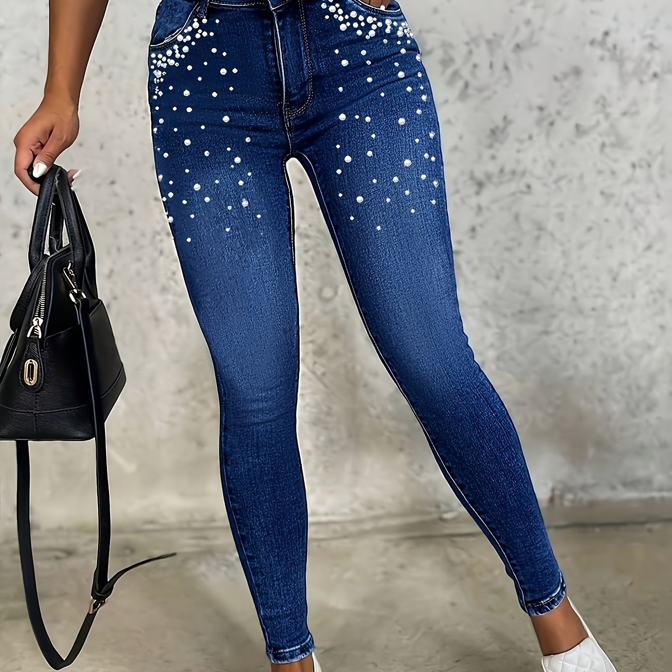 Image of Women's High Waist Pearl Embellished Skinny Jeans, Stretch Slim Fit Denim Pants, Fashion Sparkly Pencil Jeans For Daily Party