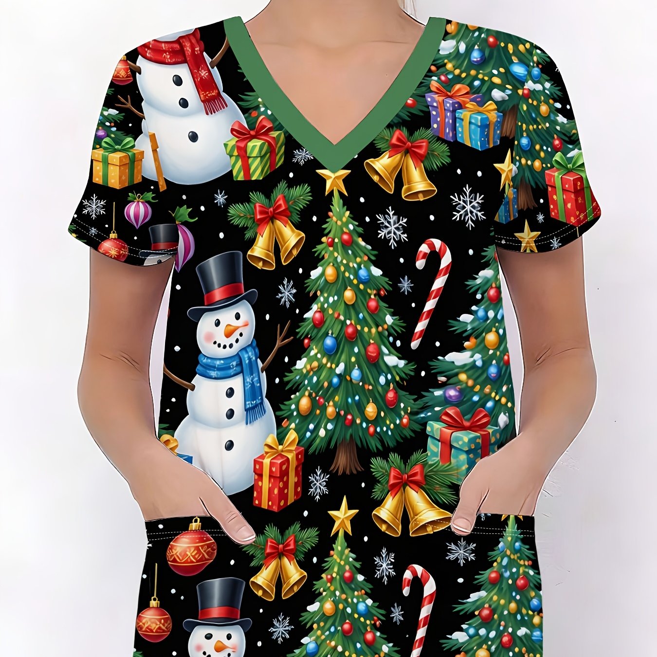 TEMU Plus Size - A Women's Plus-size Nurse Uniform, Print, , 2 Pockets, V-neck, Christmas Snowman Christmas Tree Full Print Plus-size Women's Nurse