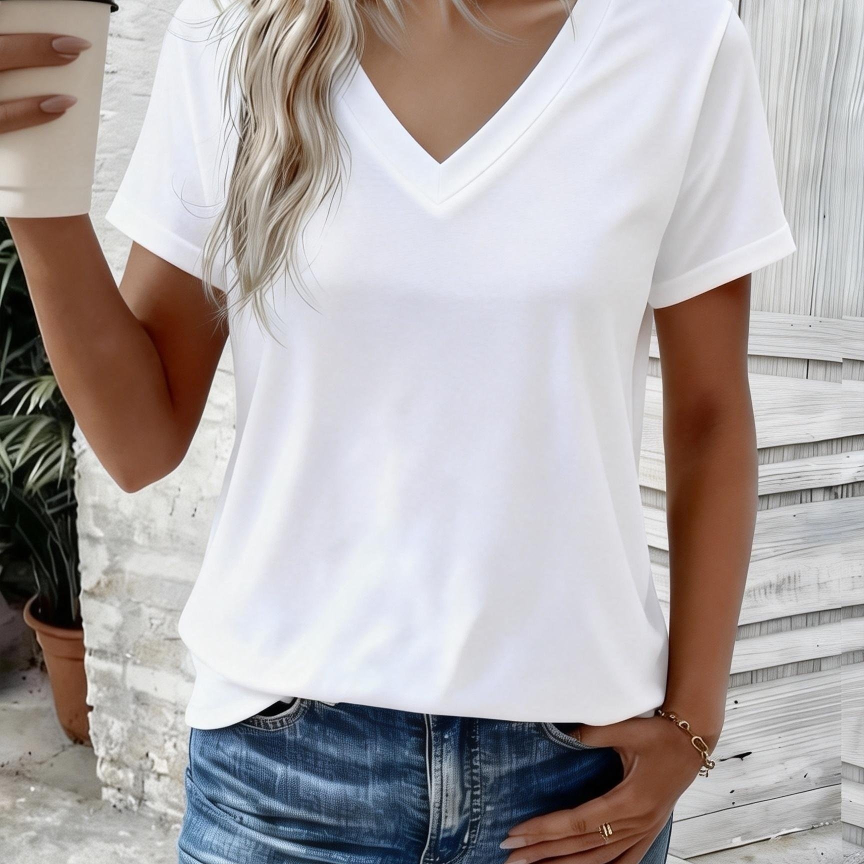 E-shop Damen T-Shirt mit V-Ausschnitt kurzen Ärmeln – Unterziehbluse geeignet für Frühling, Sommer, Herbst zum Schichten, einfarbiges blickdichtes