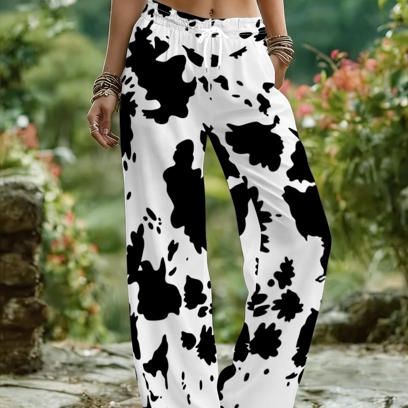 TEMU Black And Print Drawstring Wide-leg Pants Women 2026 Casual Pants
