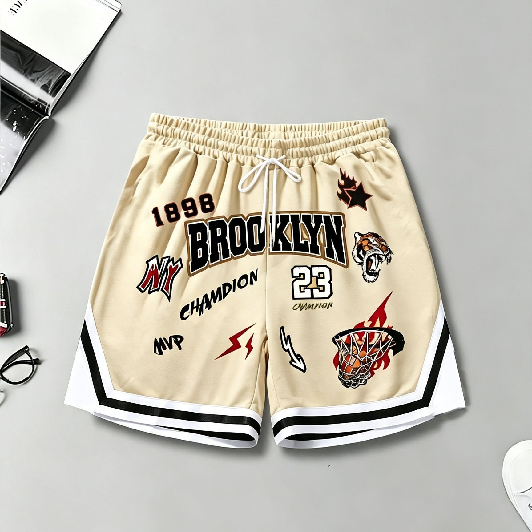TEMU Men's Color-block Print Basketball Pattern And Letter Print Shorts With Waist Cincher And Pockets, Summer Street Fashion Shorts, Comfortable And