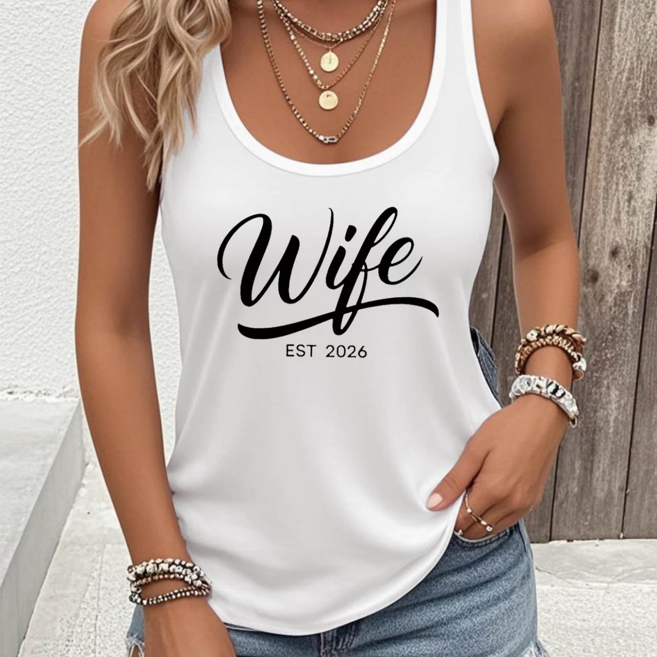 TEMU Women's Wife Est 2026 Newlywed Anniversary Tank Top - Handwritten Text Print Suitable For Daily Wear, Spring/summer Sleeveless Shirt, Round Neck