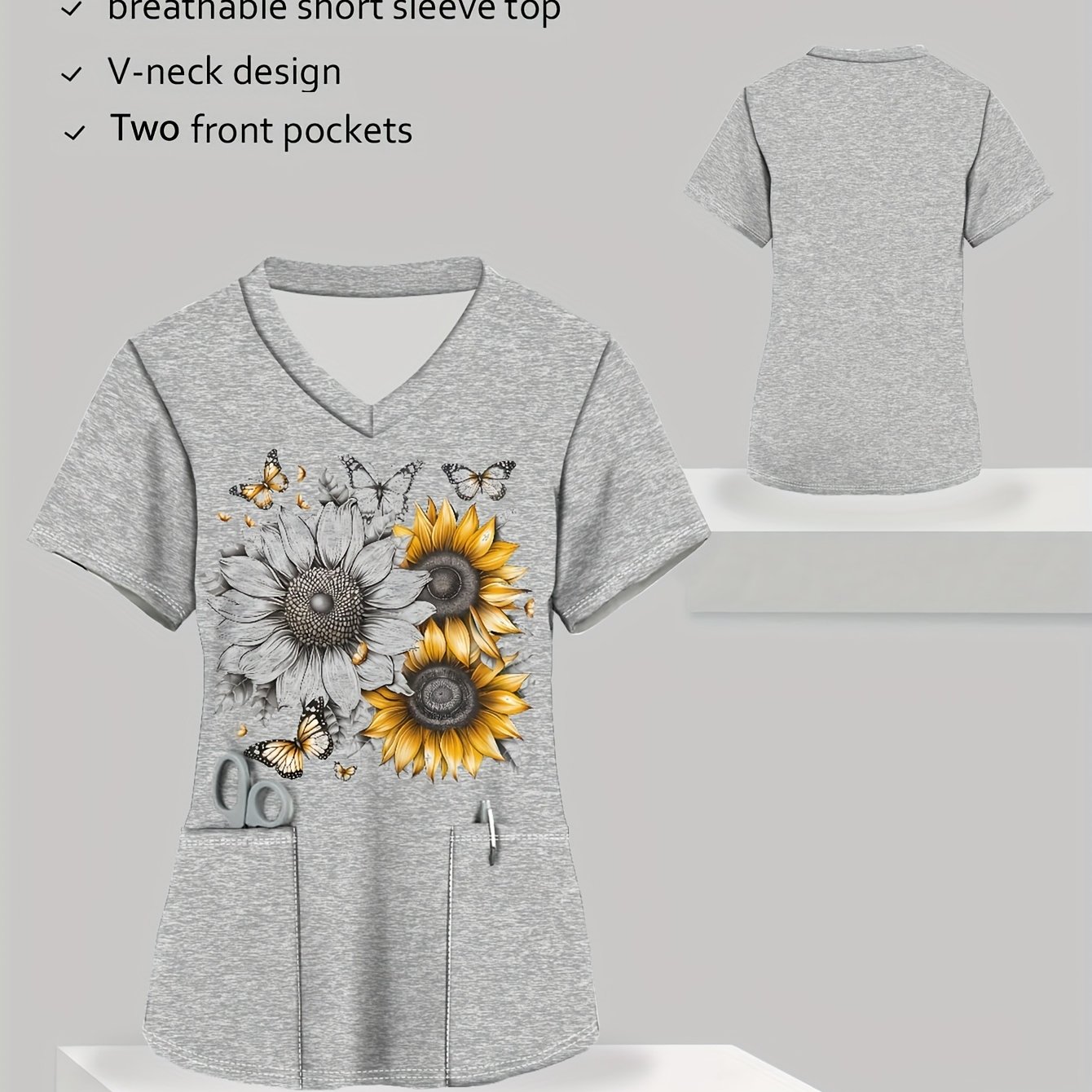 Image of Women's Casual V-neck Short Sleeve Top With & Sunflower Print, Breathable Polyester-spandex Blend, Pockets, Machine Washable, , , Vibrant Design, Stretchy Fabric