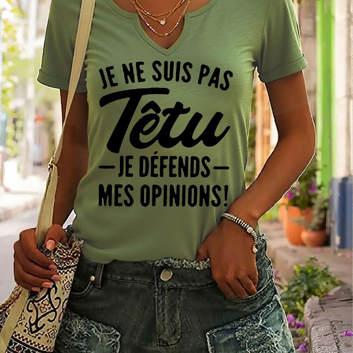 TEMU TÊTU JE DÉFENDS MES ! T-shirt à Manches Courtes Col en V Imprimé Lettre Haut Décontracté pour l'Été, Vêtements de Mode pour Femmes