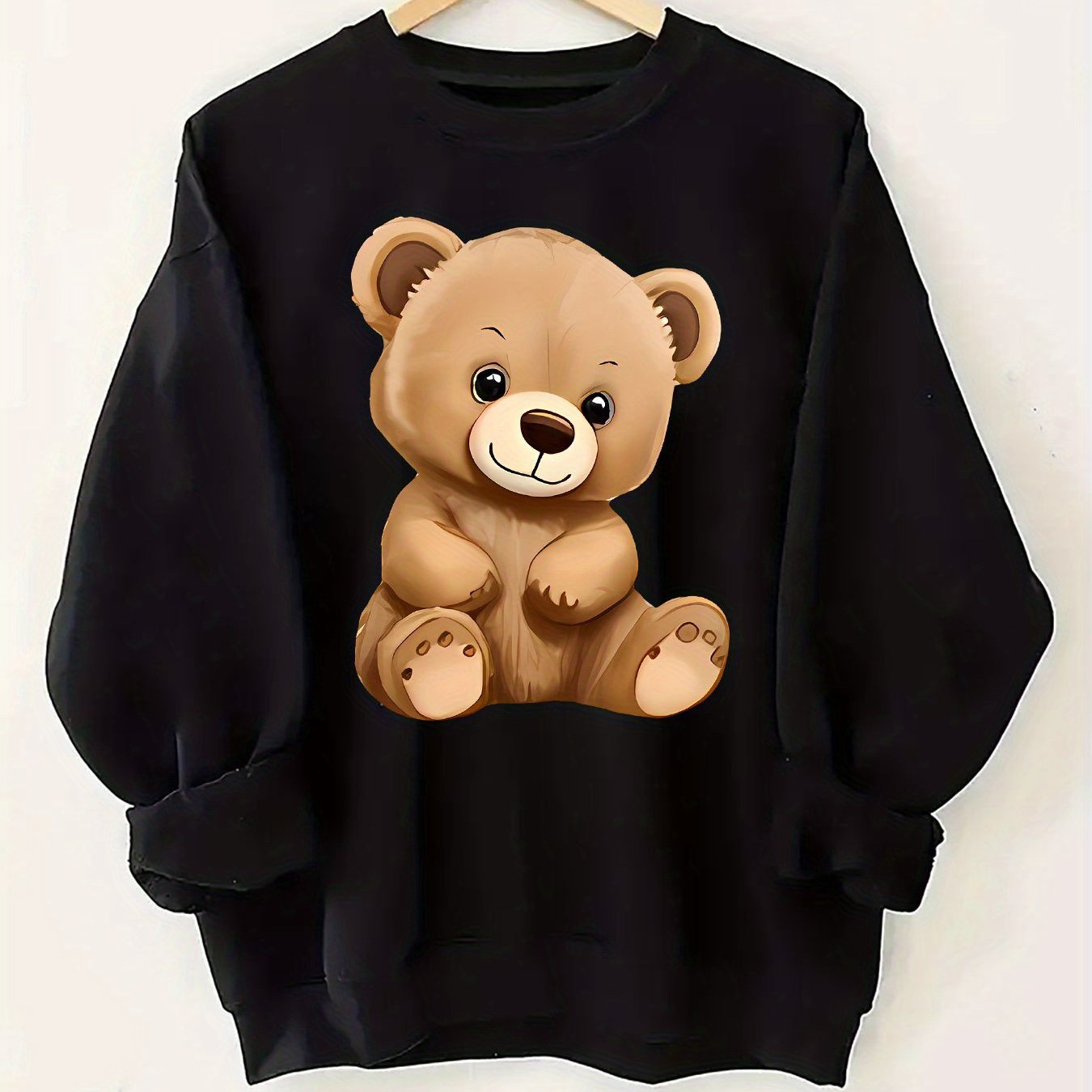 TEMU 1pc Women's Y2k Style Brown Cartoon Bear Print Crew Neck Sweatshirt - Soft, Long Sleeve Pullover With Fleece Lining, Casual Sporty Design,