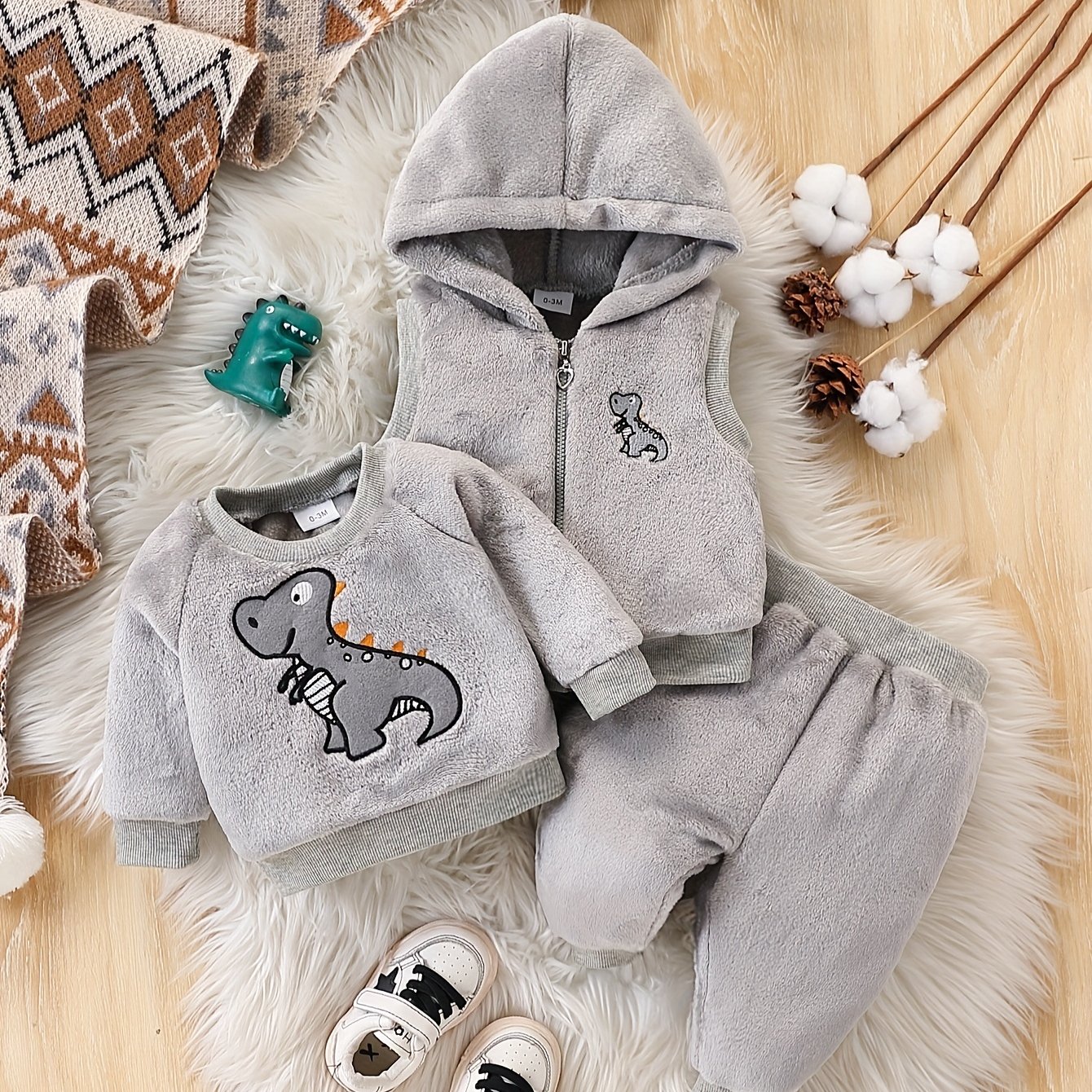 Image of Cute Baby Boy Gray Dinosaur Embroidered Fleece Thick Round Neck Sweater, Fleece-lined Trousers And Hooded Vest 3pcs Set, Flannel Warm Autumn Winter Outfit, Essential For , Ideal Gift, For Outdoor