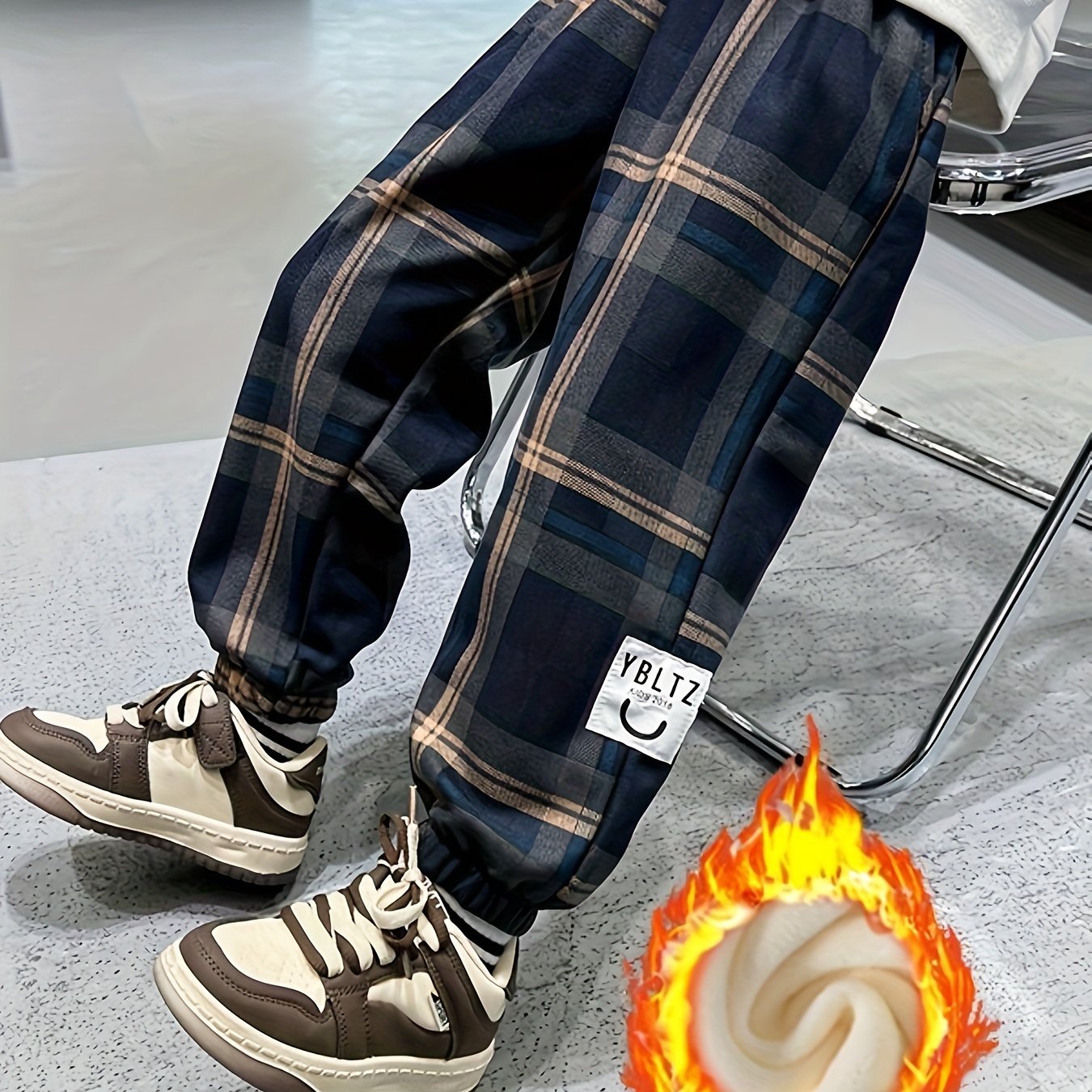 Image of Boys' Autumn Winter Casual Athletic Fashion Check Fleece-lined Thickened Warm Trousers, For Outdoor