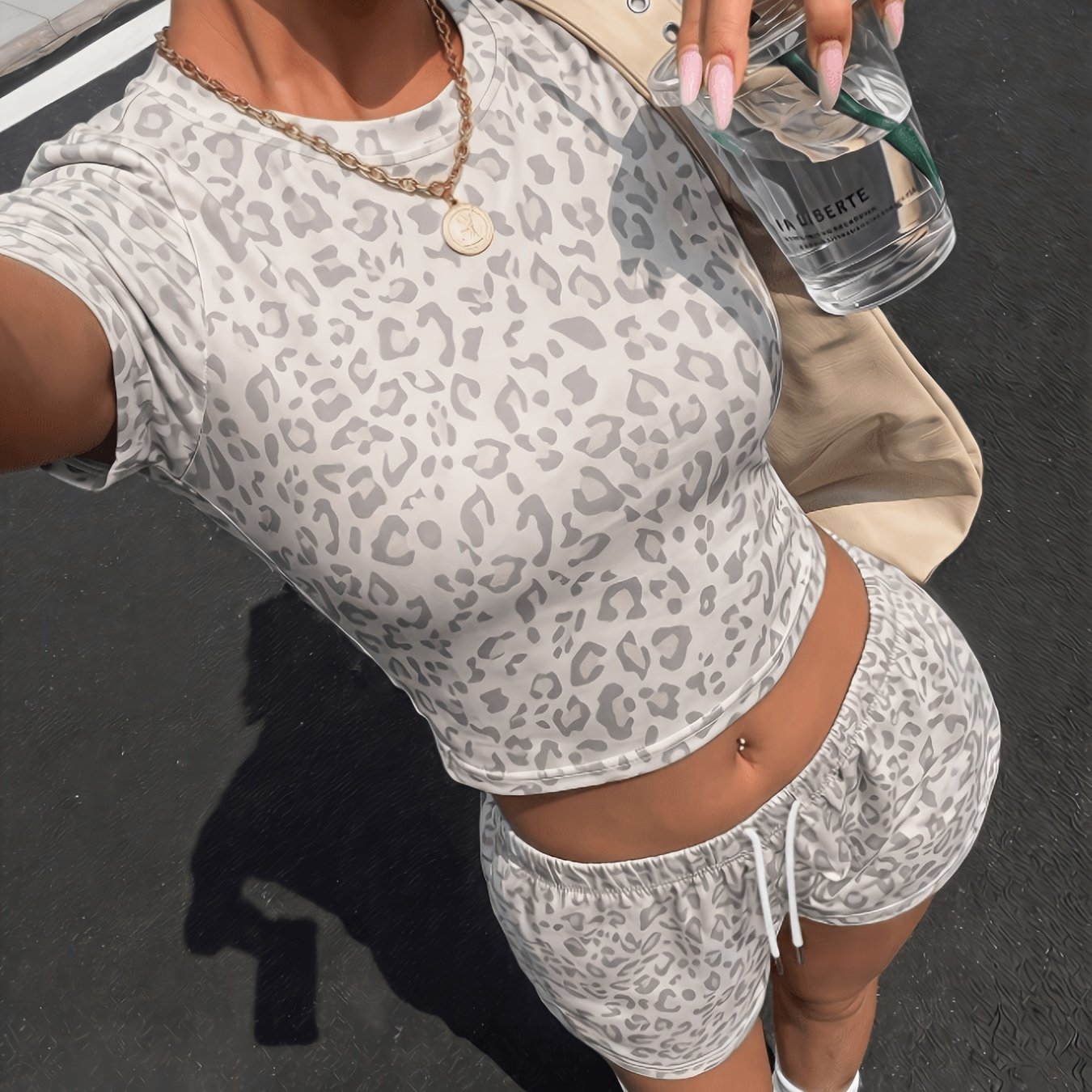 TEMU New Women's Leopard Print 2pcs Set: Slim-fit Crop Top And European/ Hot Short Sleeve Drawstring Shorts Set