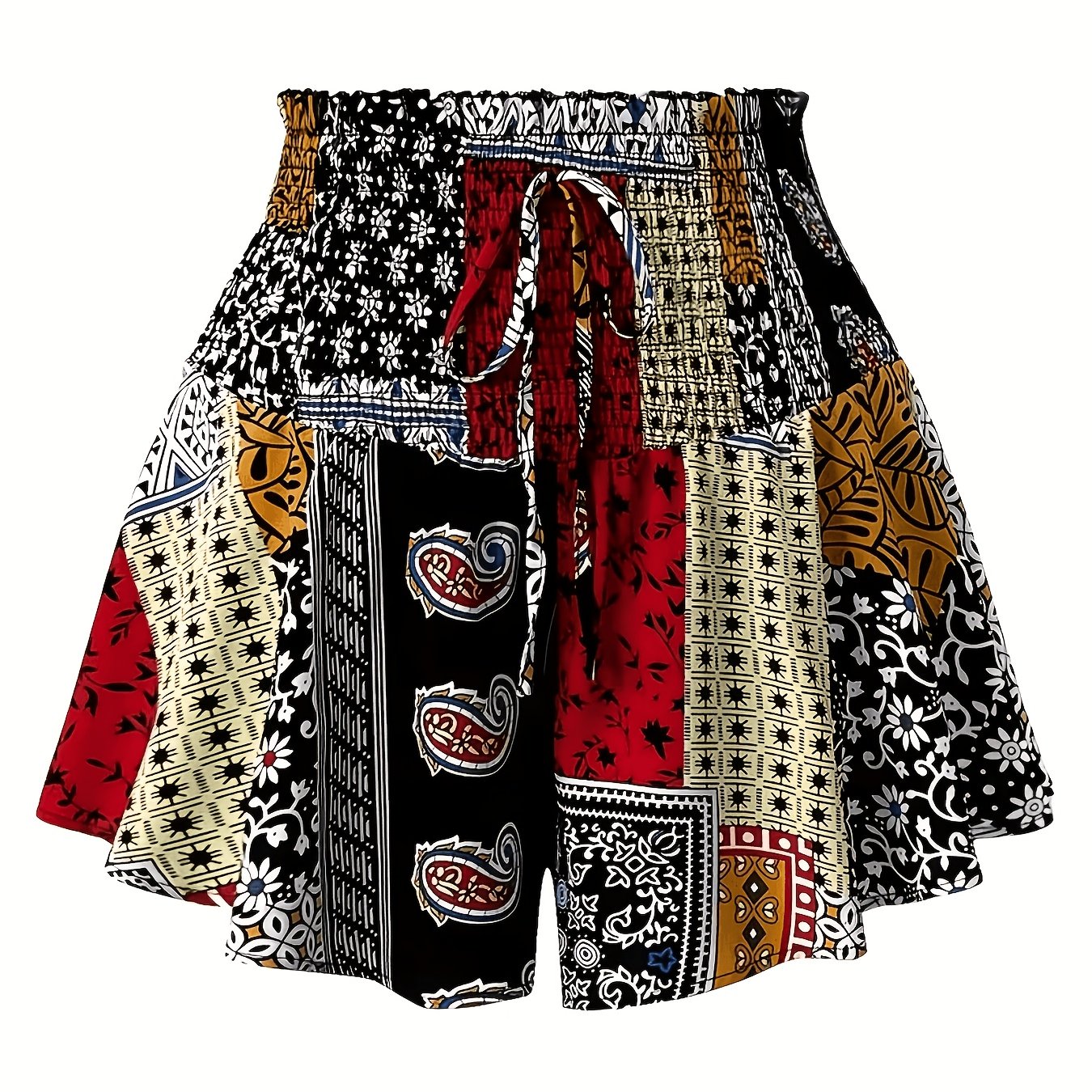 TEMU Summer Ethnic Style Comfortable Shirred Wide-flare Casual Vintage Geometric Print Decorative Skirt-pants Shorts