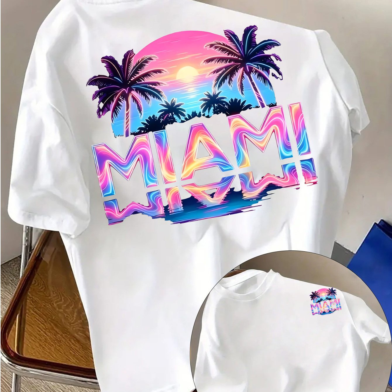 TEMU Men's Miami Neon Palm Tree T-shirt - & Palm Tree Graphic Print Short Sleeve Tee, Casual Round Neck Shirt Suitable For Spring Summer Beachwear,
