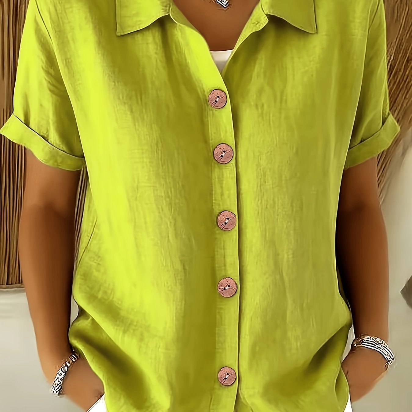 TEMU Women's Short-sleeve Button- Shirt Lapel Collar Style Solid Color Button-front Suitable For Spring Summer Fall Casual Office Wear Machine