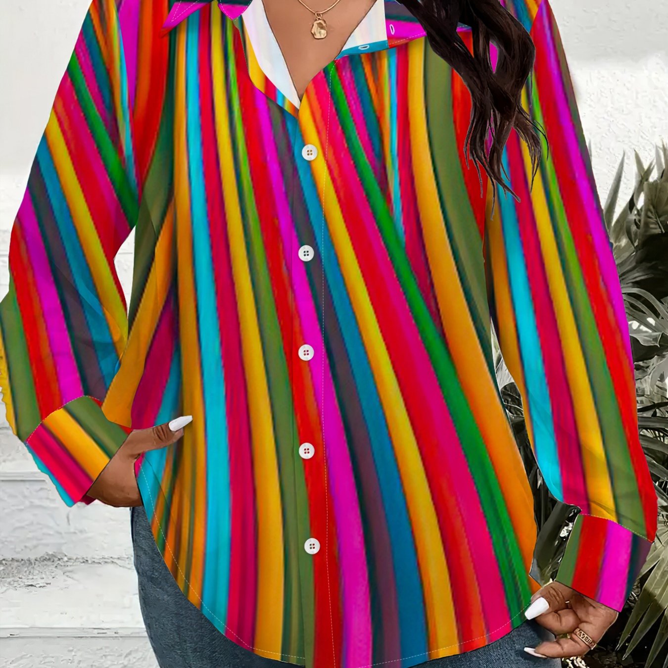 TEMU Women's Plus Size Long Sleeve Button- Shirt Cardigan Colorful Striped Print Loose Fit Casual Blouse For Spring Autumn Fashionable Lightweight