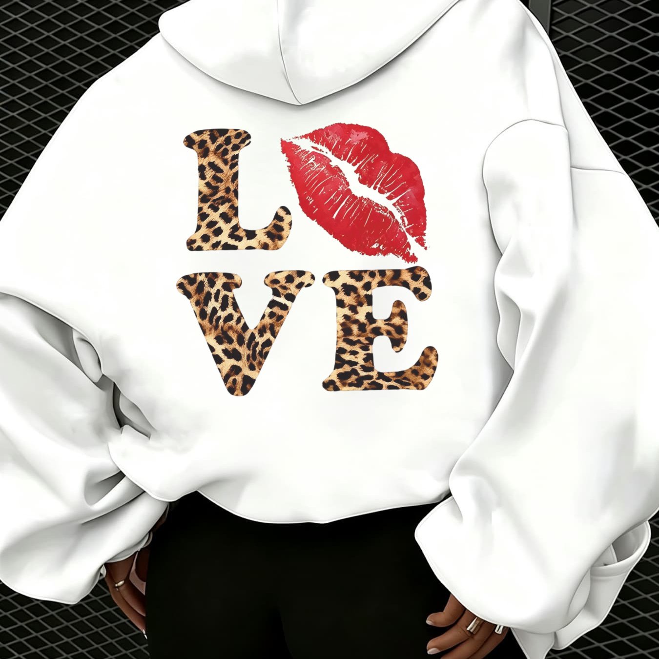 Image of Autumn Winter New Fleece Casual Fashion Hoodie For Women With Leopard Letter Print And Red Lip Pattern, Warm Cozy Loose Fit, Street Style Drop Shoulder