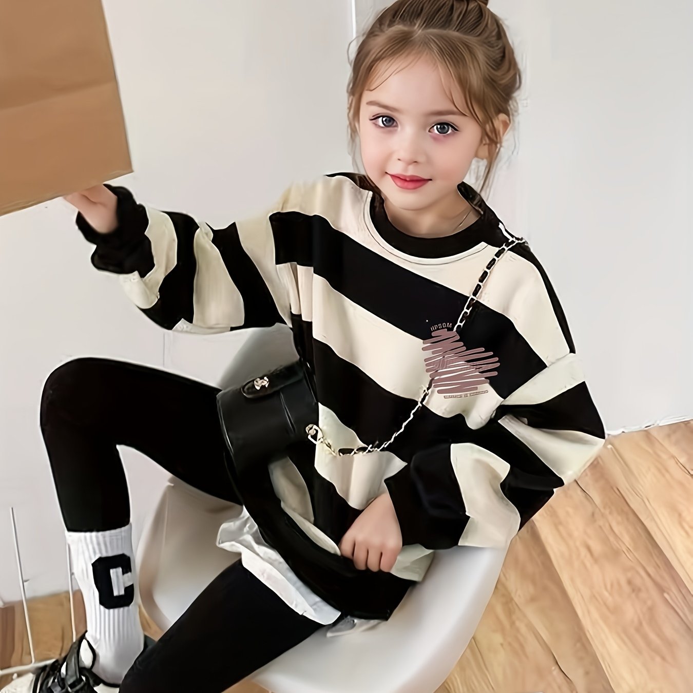 Girls' Fashionable Spring/autumn Striped Long-sleeve Sweatshirt, Mid-length, Comfortable And Casual Clothing For Girls