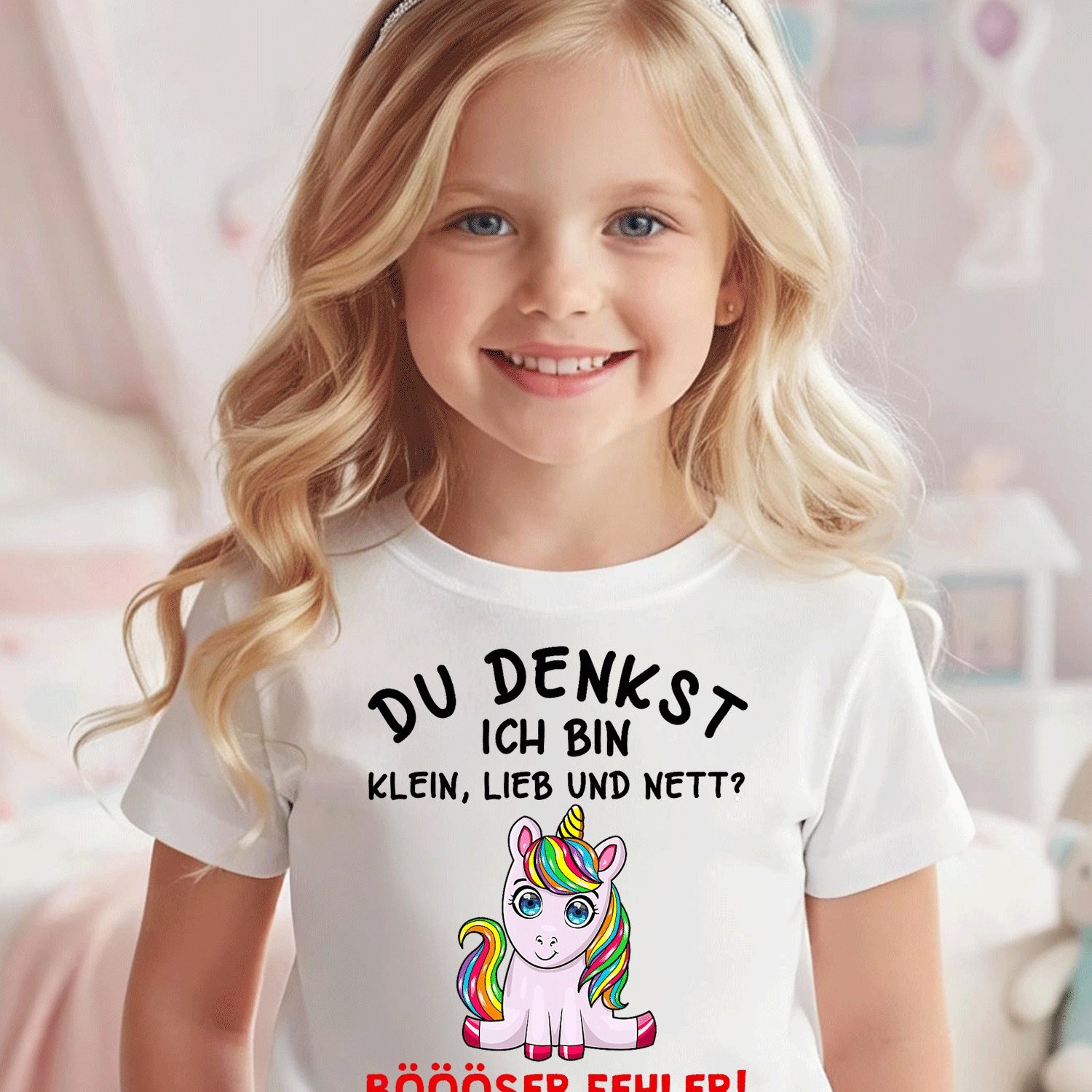 Girls' Text Unicorn T-shirt - "du Denkst Ich Bin Klein Lieb Und Nett" Funny Short Sleeve Crew Neck Tee, Comfortable Casual Top Suitable For Boys And Girls, Machine Washable Kids Shirt For & , 200g