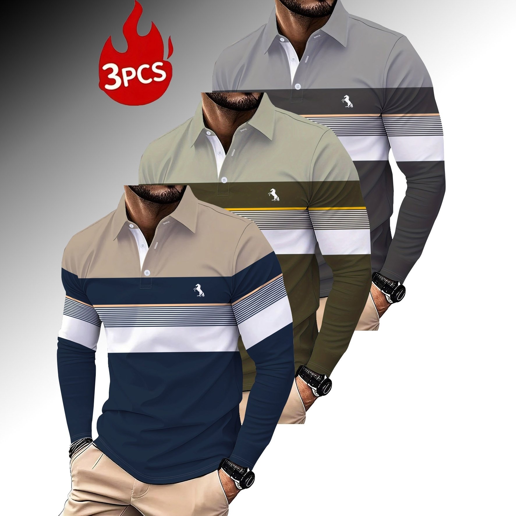 TEMU (3pcs Set) Men's Long-sleeve Shirts, Color-block Themed Collared Shirts, 3d Casual Striped Patterns, Suitable For All Adult Men And Teenage Boys