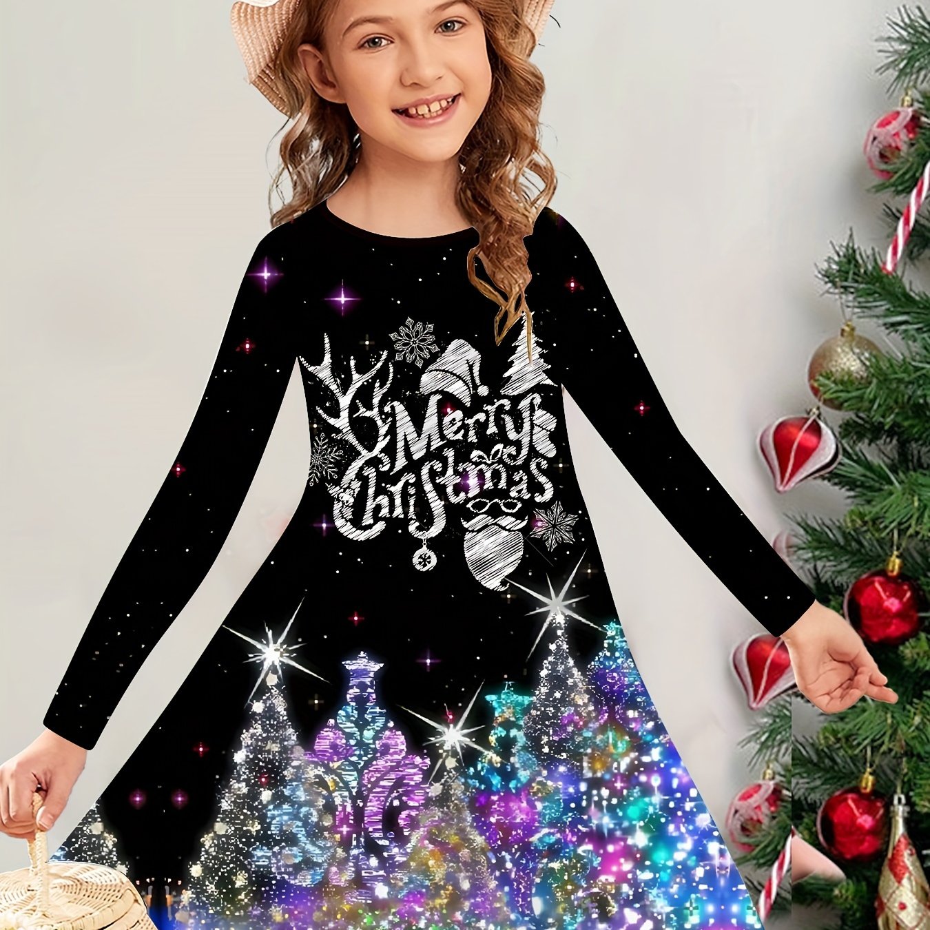 Image of Children's Casual Cute Christmas Letter And Christmas Tree Pattern Autumn/winter Long Sleeve Dress