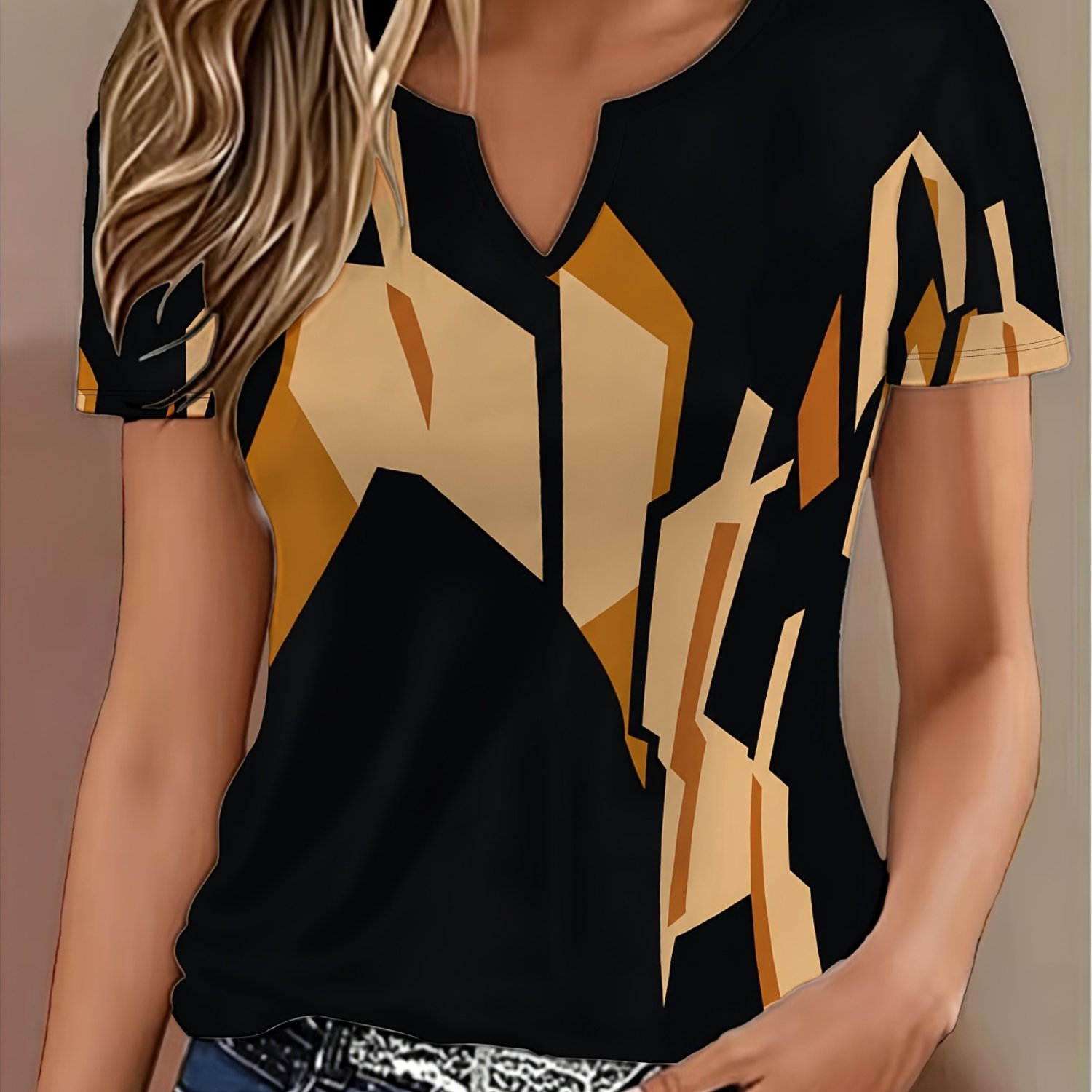TEMU Women's Summer Fashion Small V-neck Short Sleeve T-shirt, Black Background Light Brown Irregular Angled Geometric , Black Small V-neck