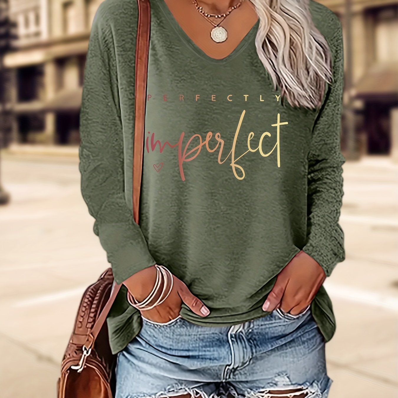 TEMU Autumn/winter Women's 100% Trendy Fashion V-neck Colored Long-sleeve T-shirt With "" Letter Print, 1pc Elegant Party V-neck Colored Long-sleeve