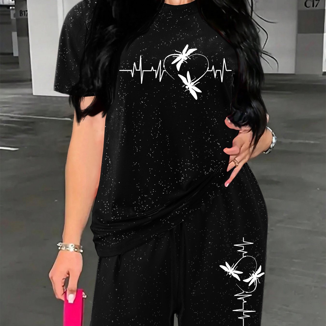 TEMU And Summer Fashionable For Women, Featuring A Starry Short-sleeve Round-neck Outfit With Matching Shorts And A Versatile Tee