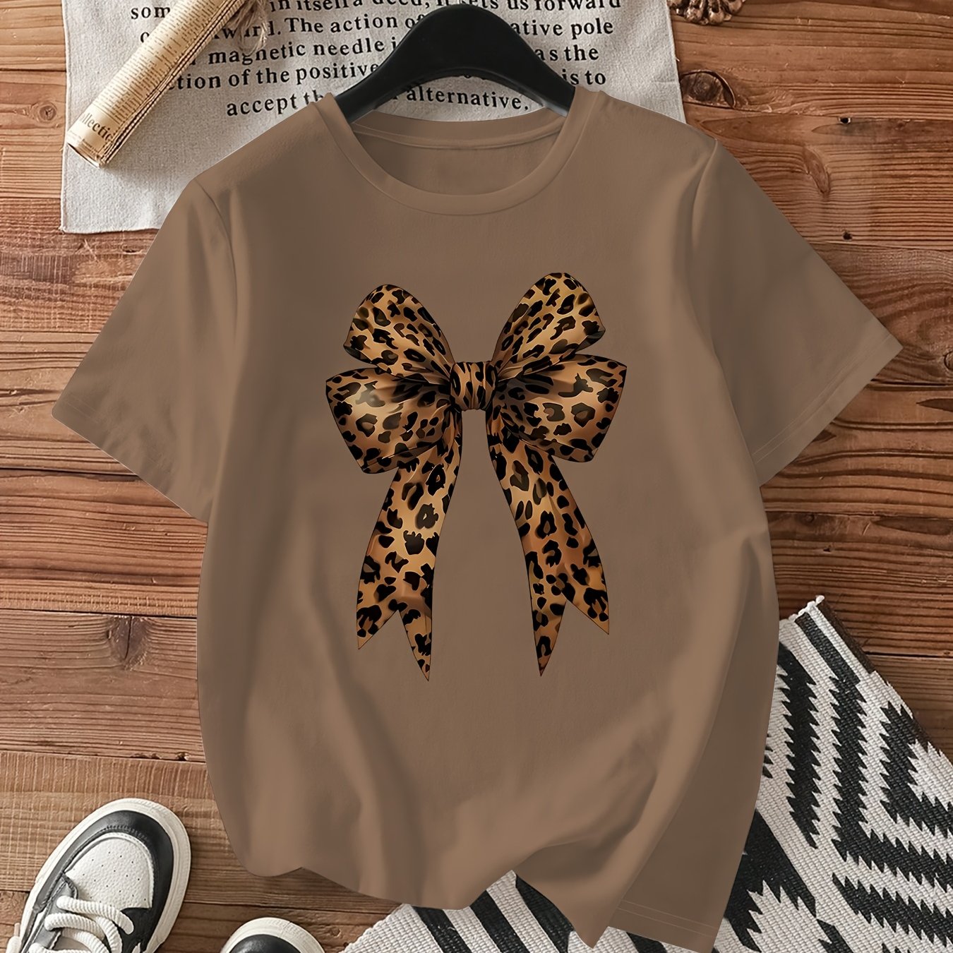 TEMU Women's 100% Cotton Bow Print T-shirt - 3 Colors (black/beige/white) Loose Fit Round Neck Short Sleeve Casual Top For , Ladies T Shirts
