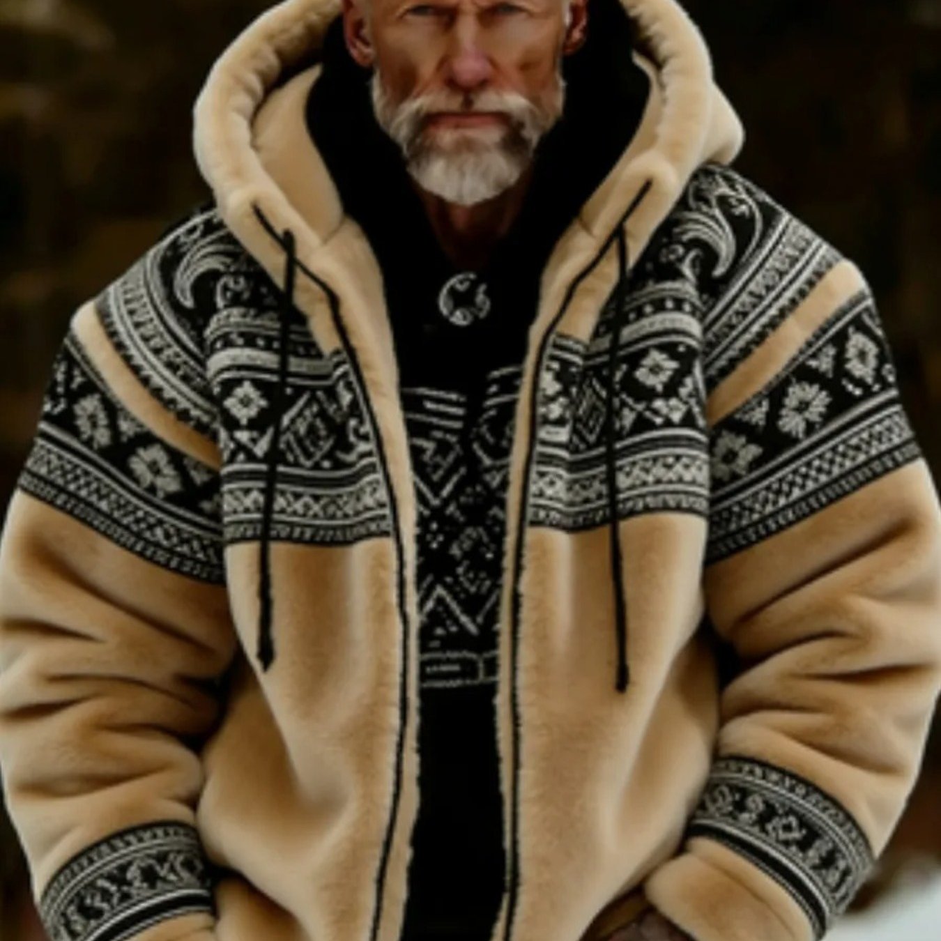 TEMU Men's Viking Celtic Art Plush Warm Zipper Hooded Jacket, Winter Men' Color Hooded -lined Zipper Jacket, Thickened Warm Elastic Cuff Loose Casual