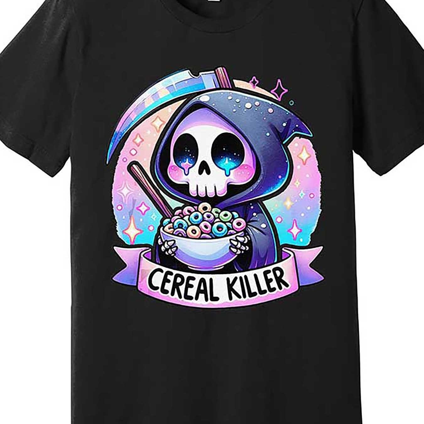 TEMU Men's "cereal Killer" Graphic Tee - Vibrant & Cereal Design, Casual Crew Neck, Short Sleeve, Lightweight Cotton, Casual & Weekend Wear, Casual