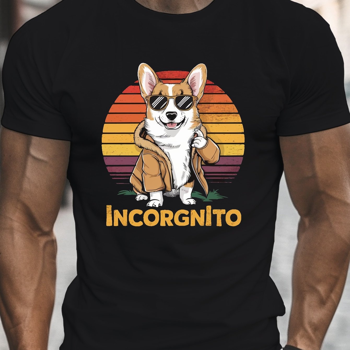 TEMU [1pc Corgi T-shirt] 1pc Men's Casual Crew Neck T-shirt With Geometric Glasses Corgi Incorgnito Print, Summer Knit Polyester Top, Regular Fit