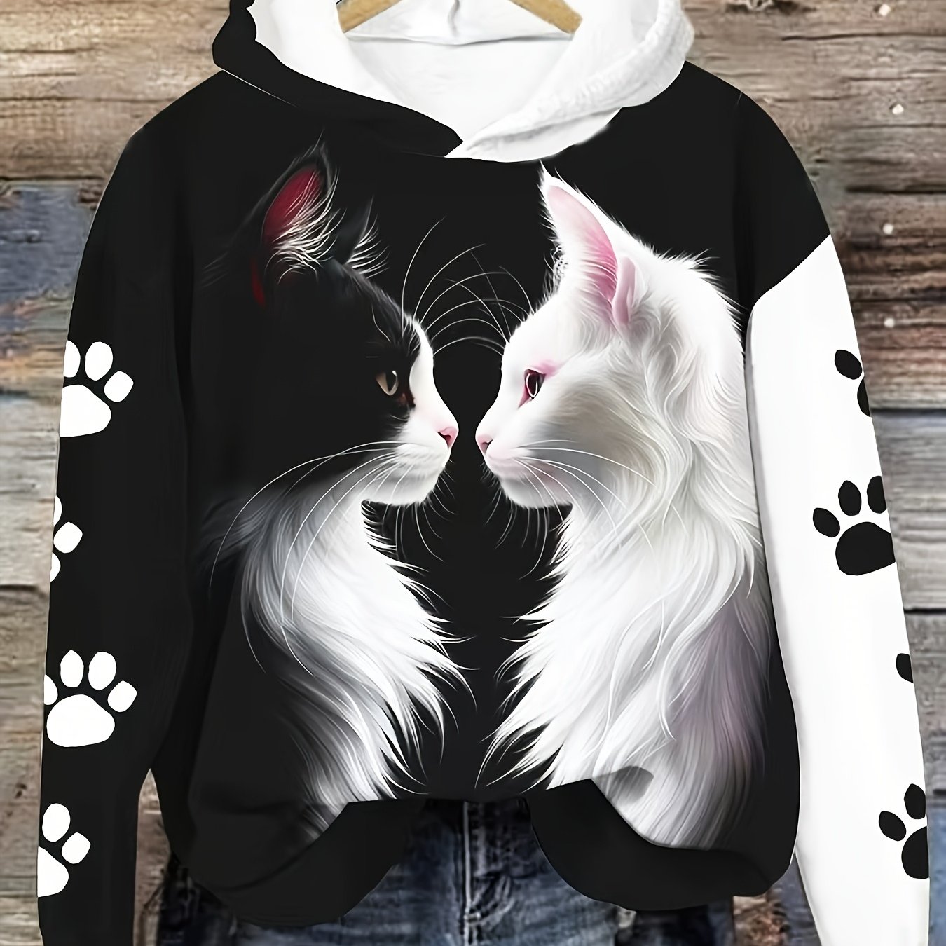 Black And White Cat Print Hooded Sweatshirt