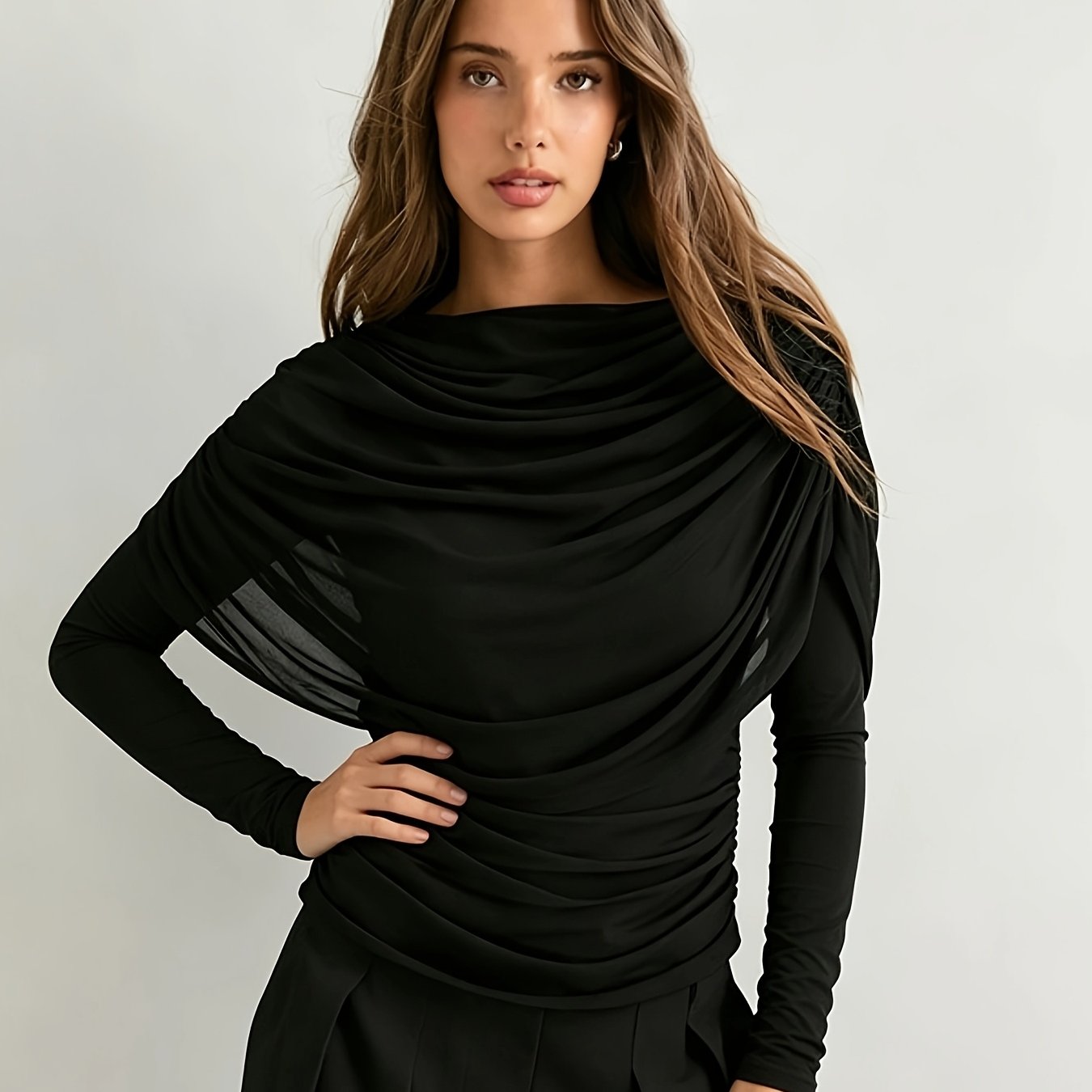 TEMU Haut à manches longues et col à poils tombants en pour femme, blouse plissée à , t-shirt noir haut de gamme pour et