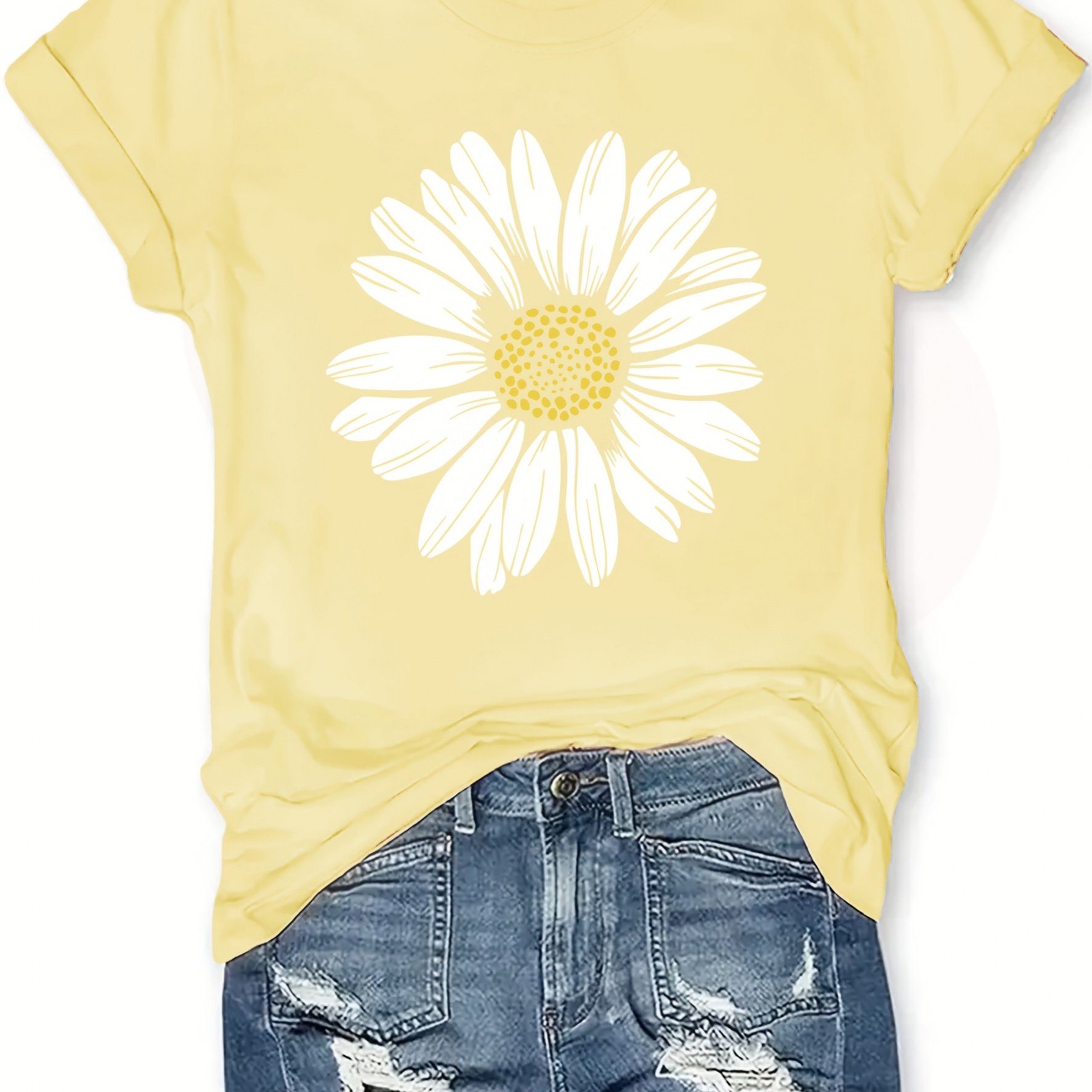 TEMU Ladies Casual Daisy Print T-shirt - With White Floral Pattern, Crew Neck, Medium Elastic, Machine Washable, Spring And Summer Essential, Loose