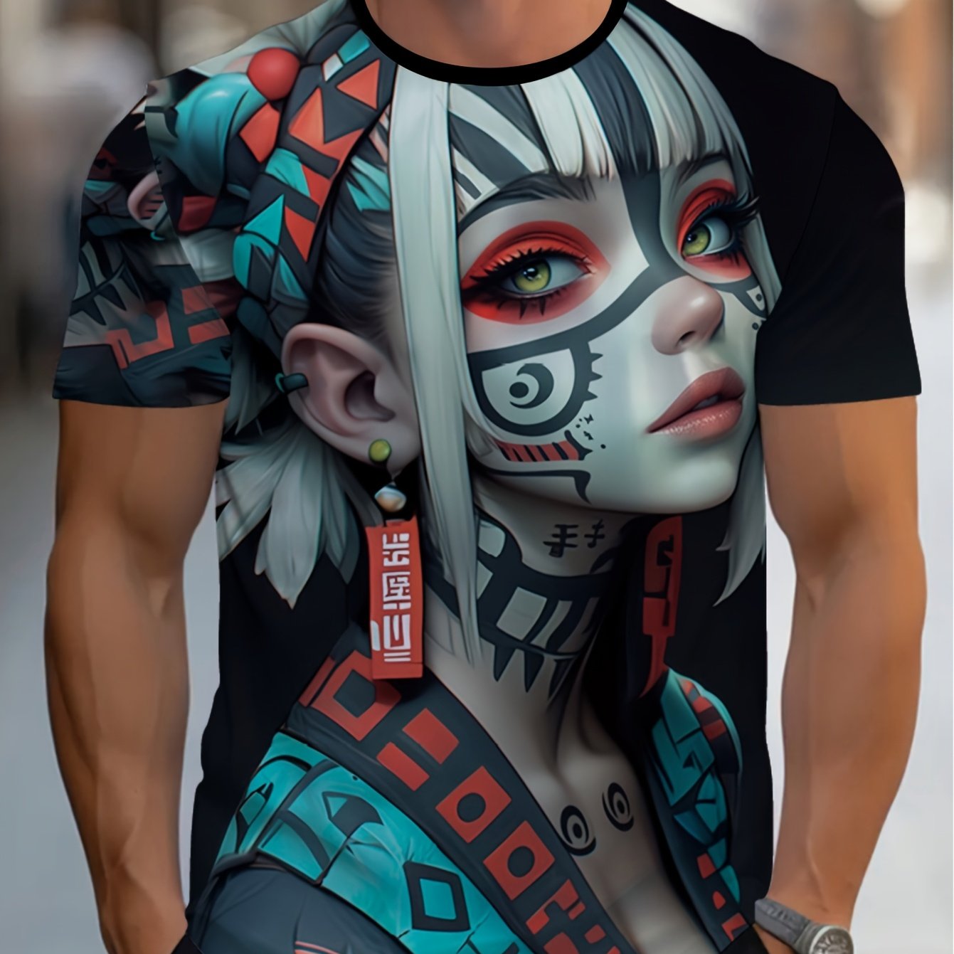 TEMU Men's Short-sleeve T-shirt With Geometric Print - Lightweight Round Neck Casual Shirt Suitable For Home, Restaurant & Outdoor Wear, Machine
