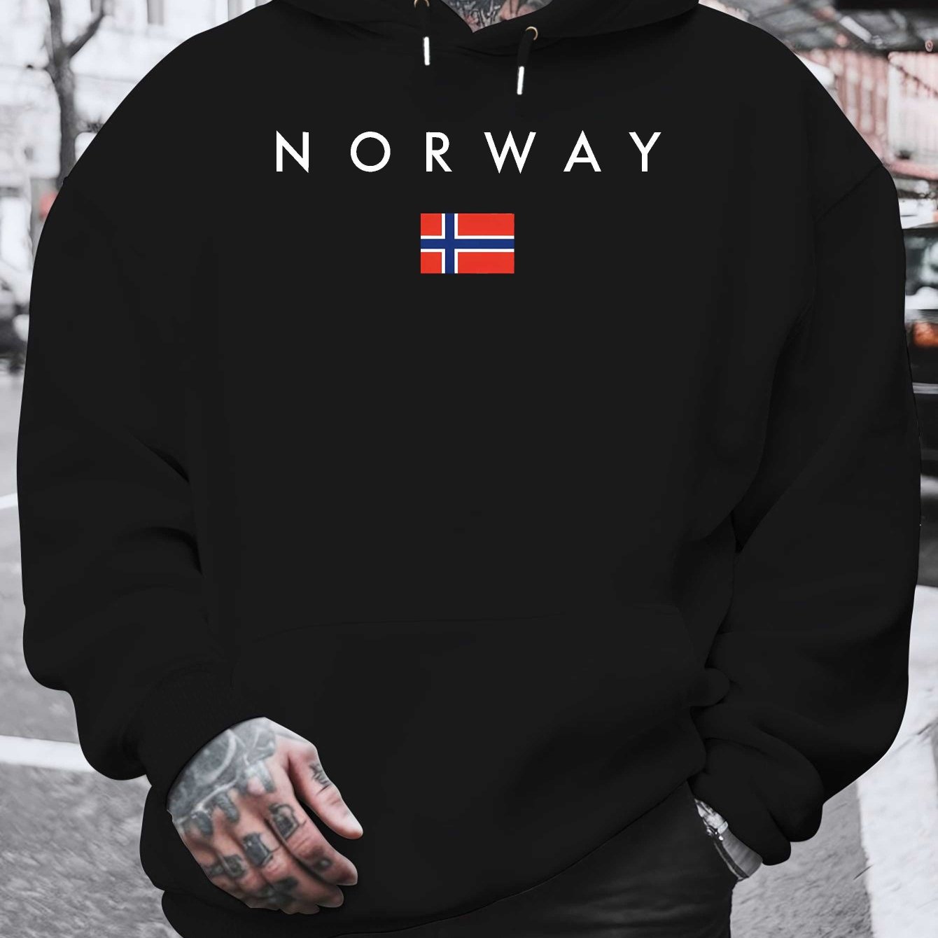TEMU Noruega Estampado Otoño Invierno Más Terciopelo Hombre Versátil Otoño Estilo Más Sudadera con Capucha Grande de Moda, Talla Grande