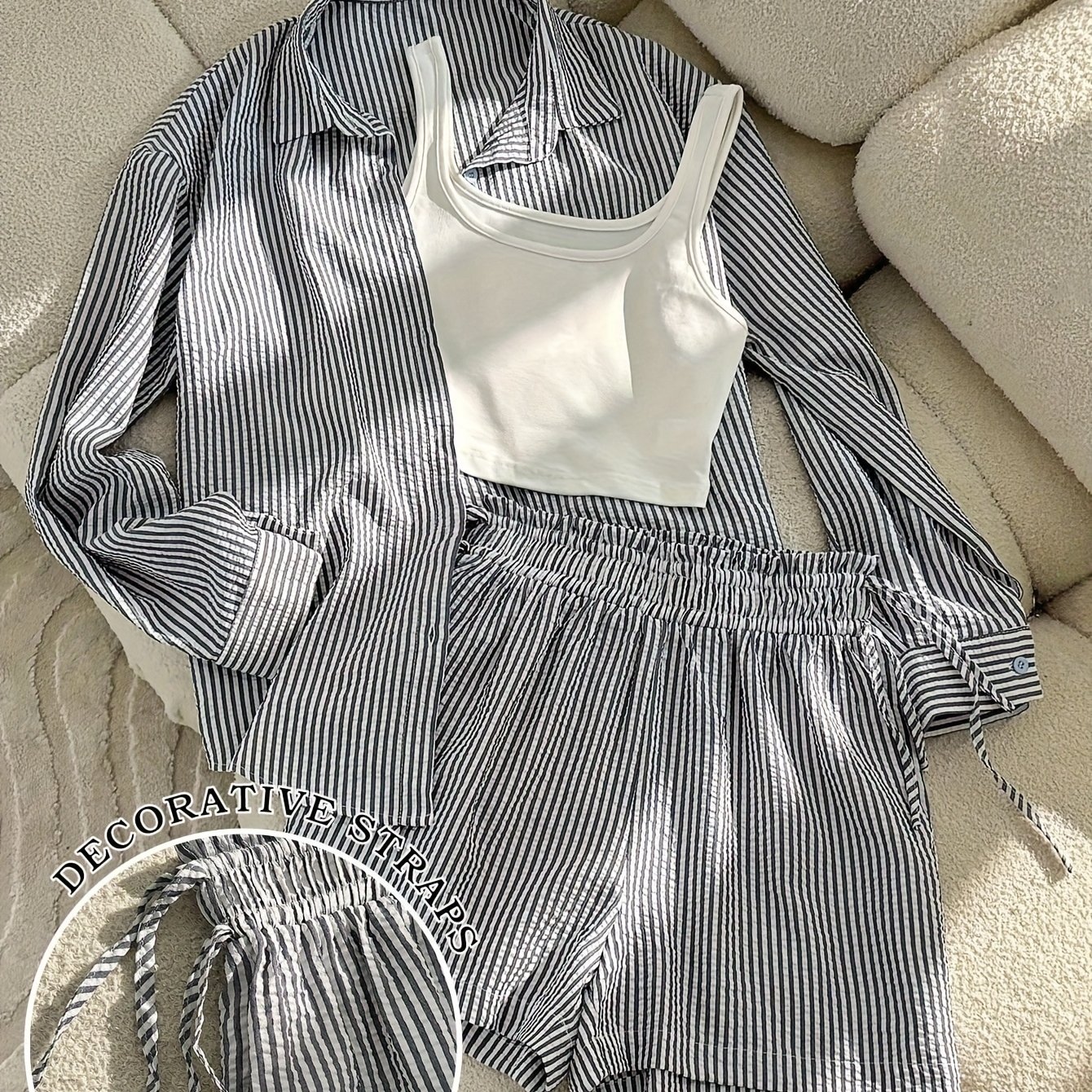 E-shop Damen Gestreiftes Hemd, Einfarbige Shorts Tanktop Dreiteiliges Set