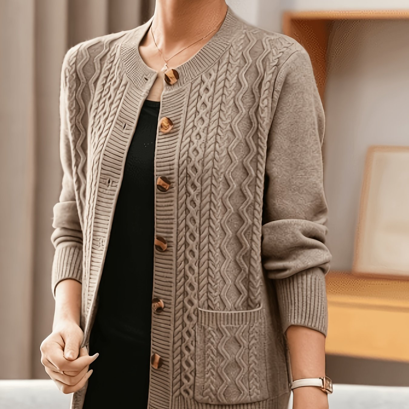 TEMU Solid Color Cable Cardigan Open Front Cardigan