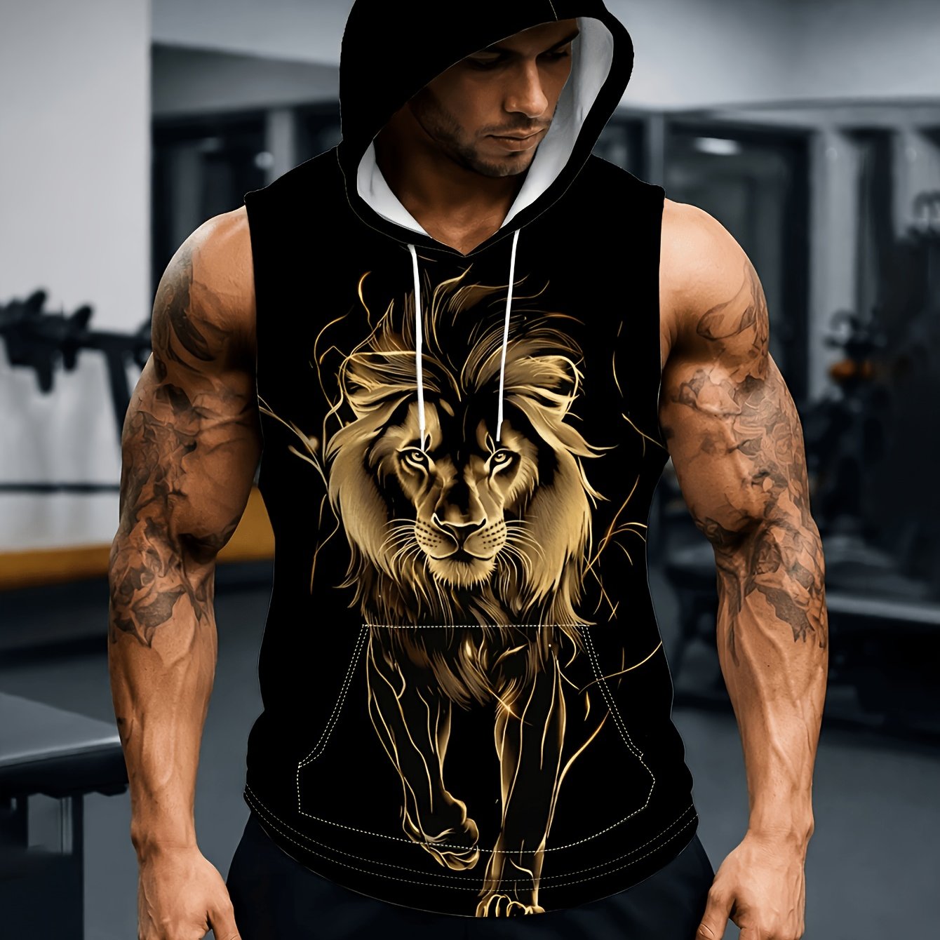 TEMU (printed Design-not Textured) Men's Black Sleeveless Hooded Top With Print. Ideal For Gym, Sports, And Daily Casual Wear. Fashionable And