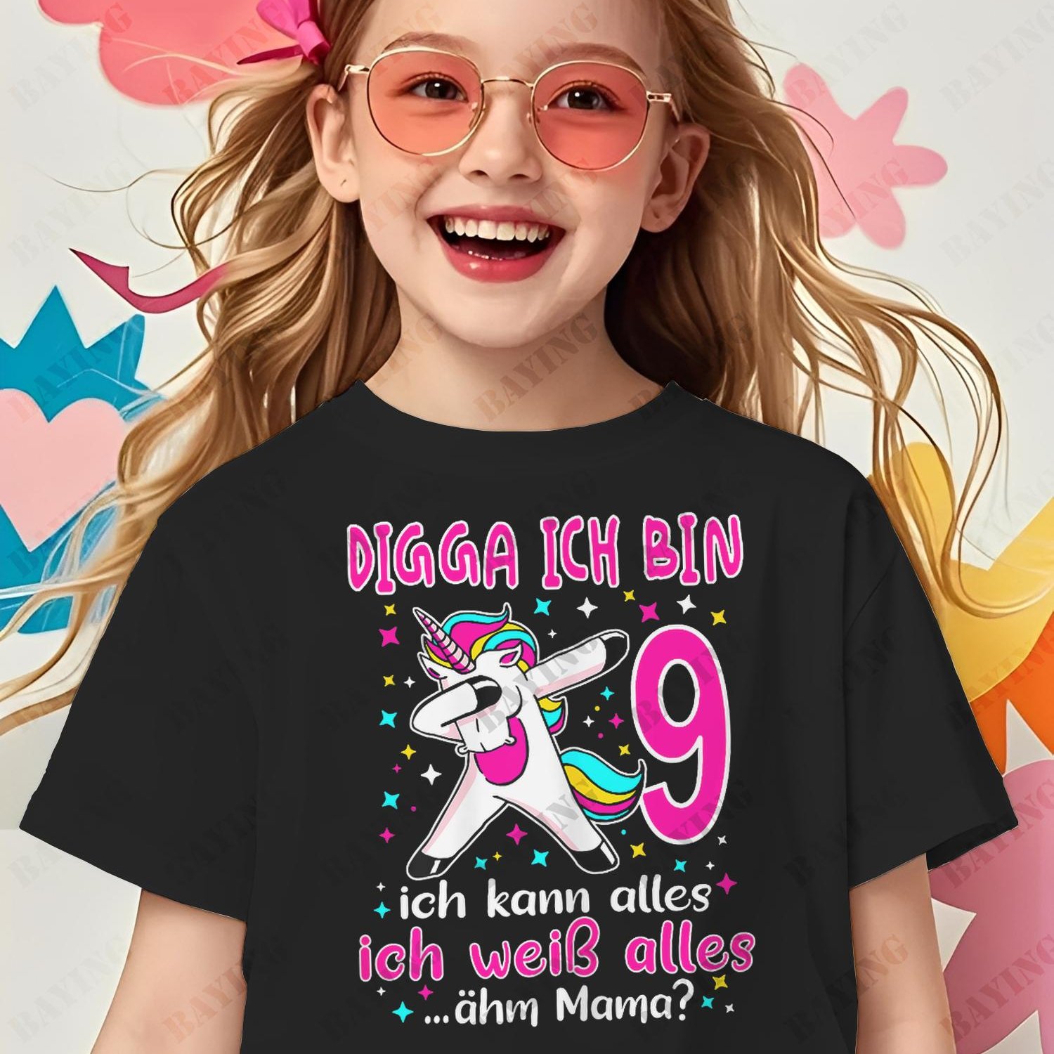 Image of Birthday Girl - I Am 9 Years T-shirt, Black For -13 Years, 180gsm Heavyweight, Casual Crew Neck, Regular Fit, Geometric Pattern