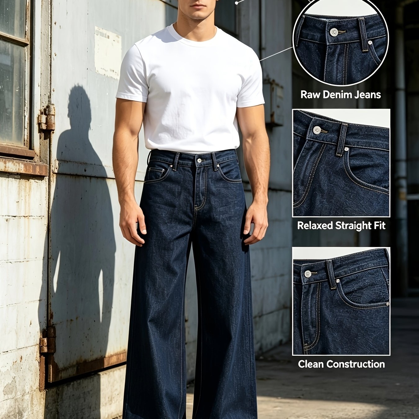 Image of Men's Casual Loose Denim Pants, Heavy Wash Watered- Classic Western Cowboy , Trendy And Fashionable, Versatile For , Machine Washable, With Ykk Brand Zippers Inside.