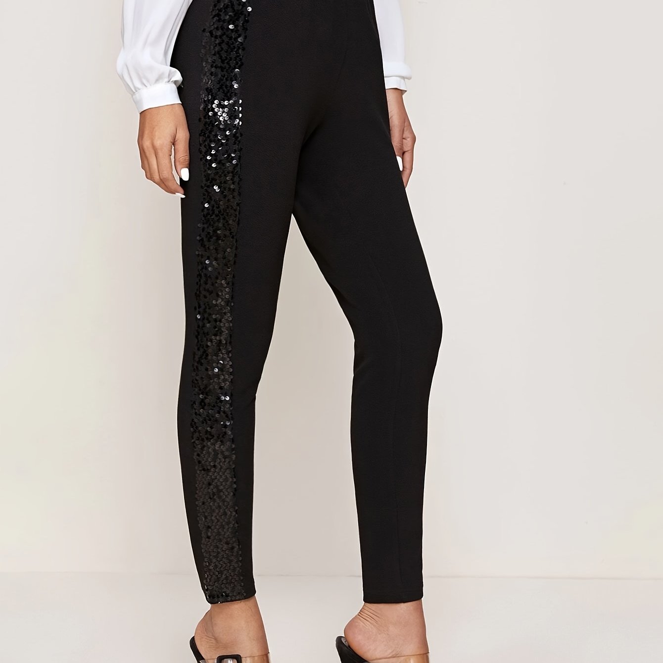 Elegant Black Sequin-accented Leggings For Women - High Waist, Stretchy Polyester, Machine Washable, Sparkly, Leggings